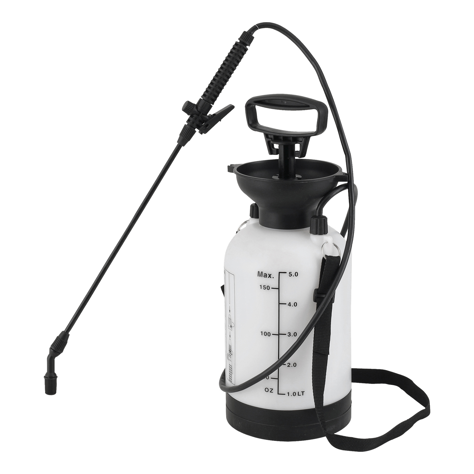En vit plastpumpspruta från Meec Tools har ett svart handtag, mätlinjer, en förlängd svart slang och ett munstycke för att applicera vätskor som vatten, gödsel eller bekämpningsmedel.