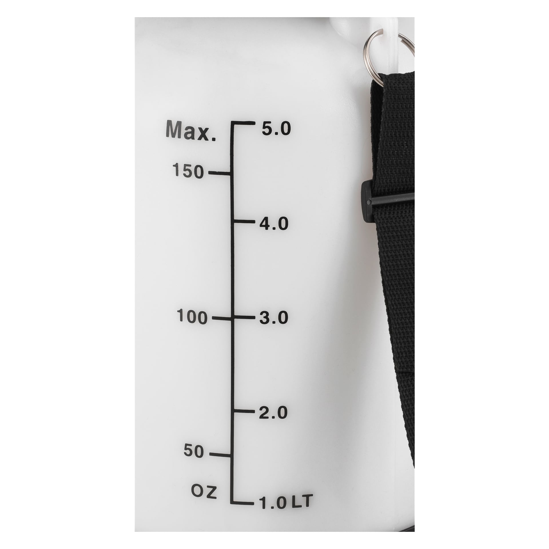 Närbild av en vit Meec Tools spraypistolbehållare med en svart mätvåg som visar intervaller från 1,0 till 5,0 liter och 50 till 150 uns. En del av ett svart band finns på höger sida.