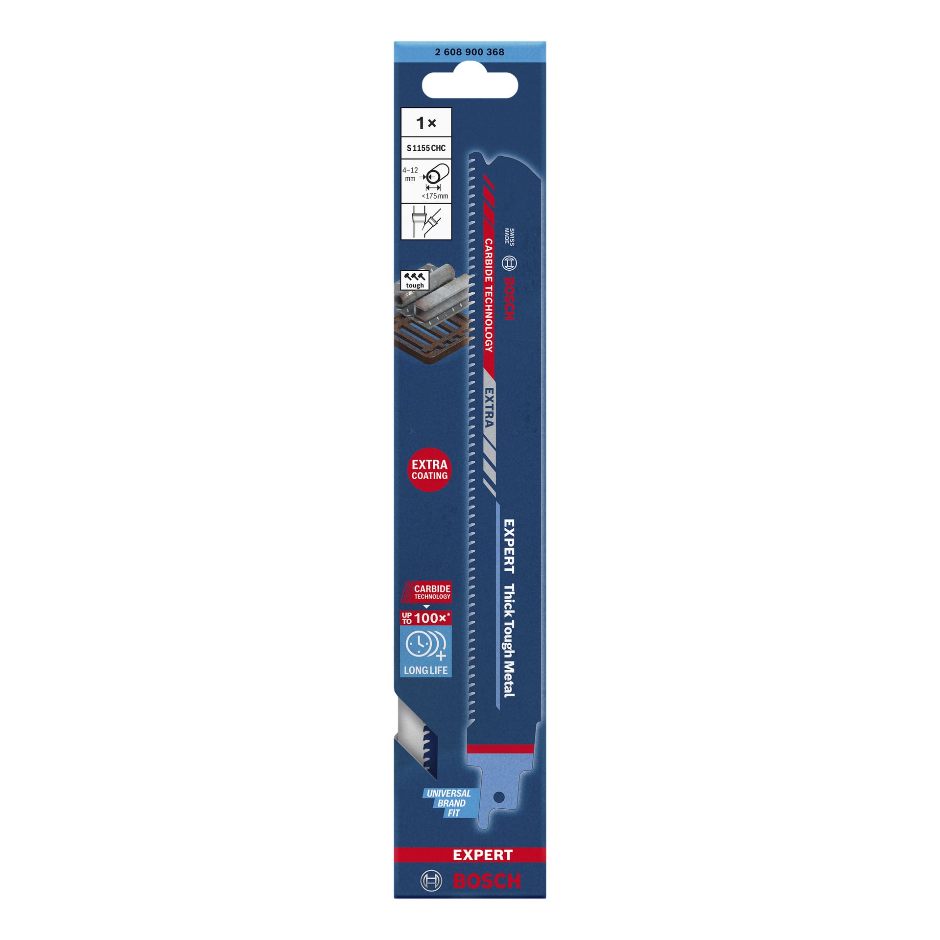 Bosch Expert Reciprocating Saw Blade S1155CHC visades i blå och röd förpackning, vilket visar dess avancerade karbidteknologi, tillagda skyddande beläggning och kompatibilitet med de flesta sågar. Paketet betonar hållbarhet och överlägsen prestanda för att skära genom täta, hårda metallmaterial.