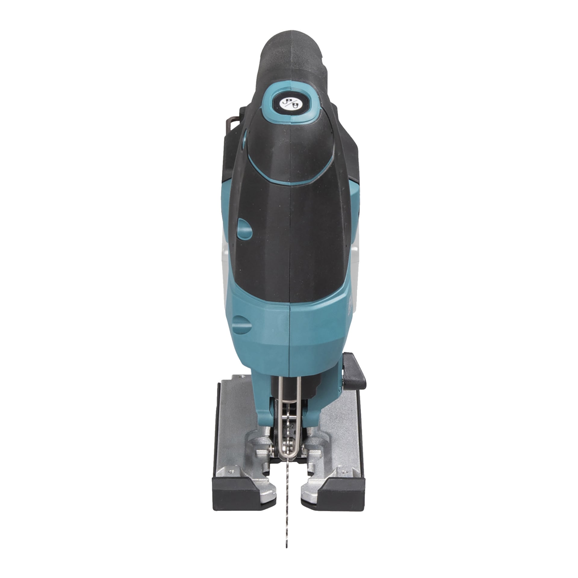 Makita DJV184Z batteridrivna sticksåg visas framifrån, med sitt svarta och tealfärgade färgschema. Det smala vertikala sågbladet och den stadiga metallbottenplattan är tydligt synliga.