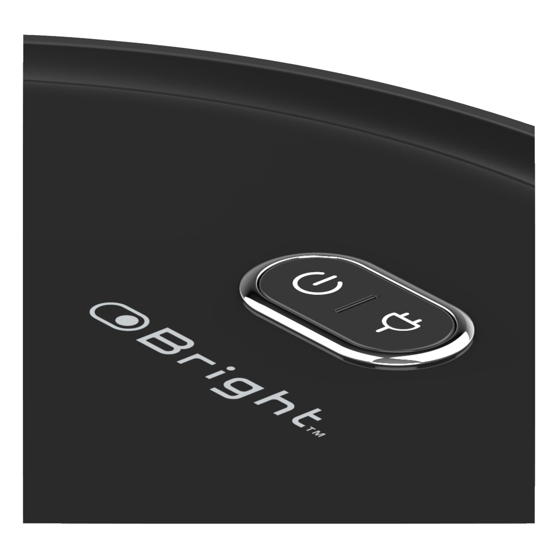Närbild av en svart Bright Robot Vacuum Cleaner Smart, som visar strömknappen och laddningsindikatorn bredvid varumärket ovanpå.