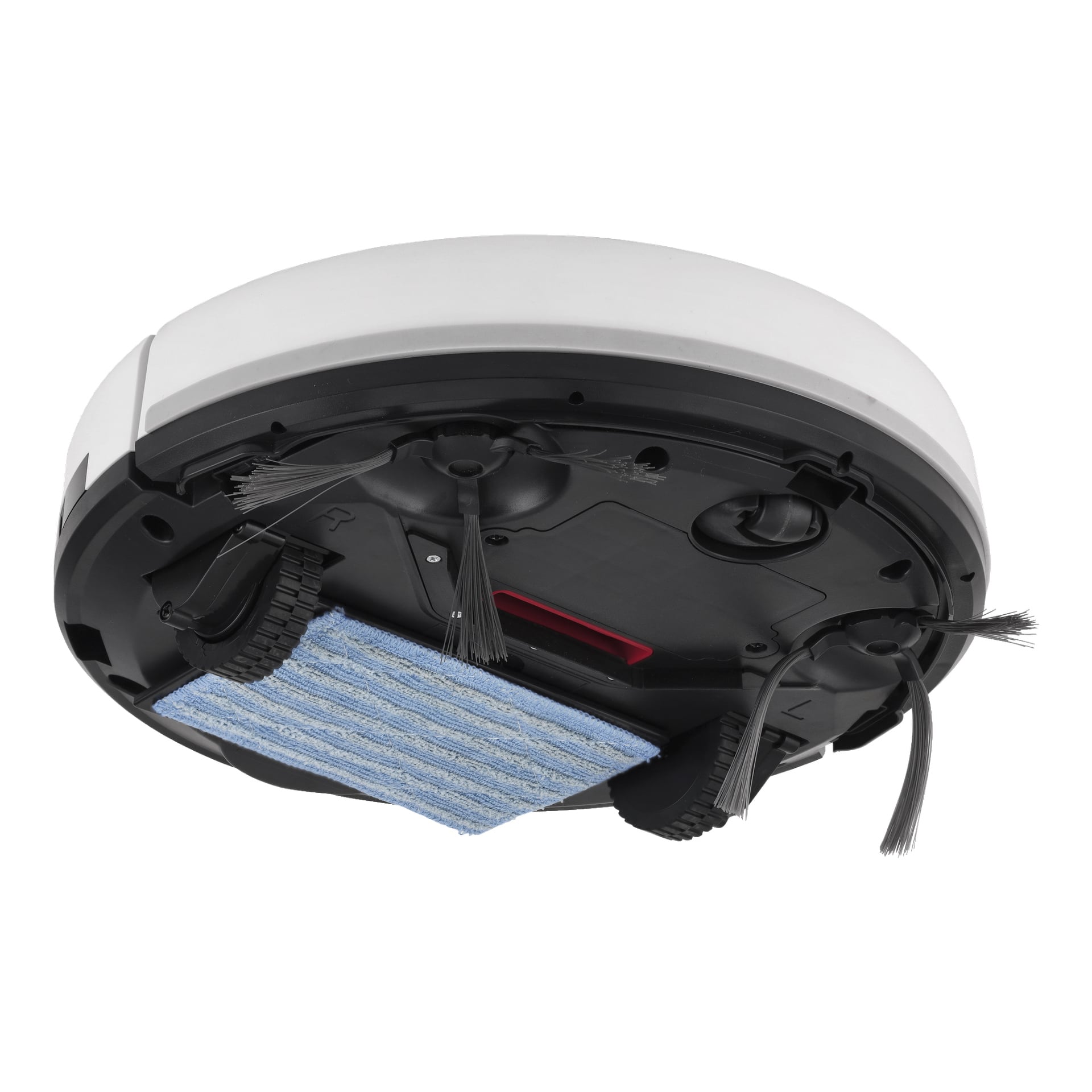 Undersidan av Bright Robotic Vacuum Cleaner syns, med sidoborstar, hjul och en blå mikrofiberrengöringsdyna fastsatt under.