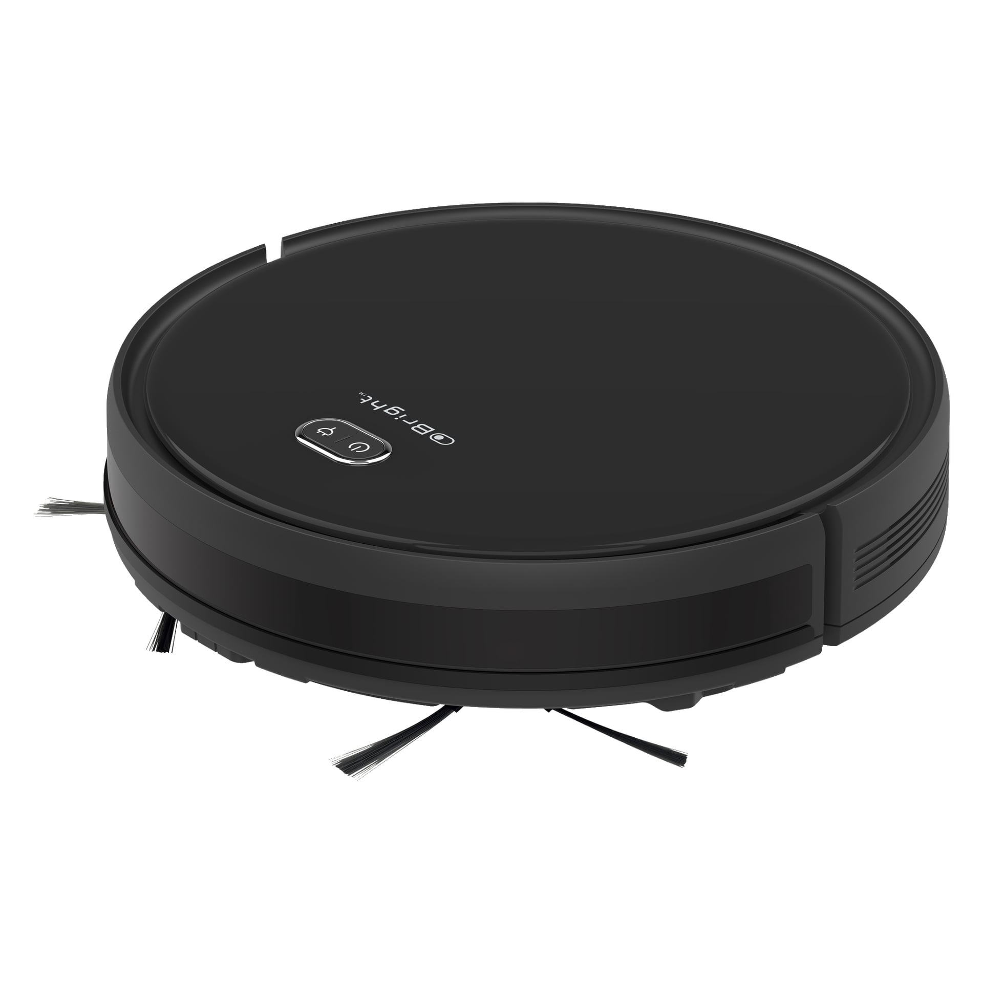 En svart Bright Robot Vacuum Cleaner Smart med sidoborstar samt ström- och kontrollknappar på toppen visas.