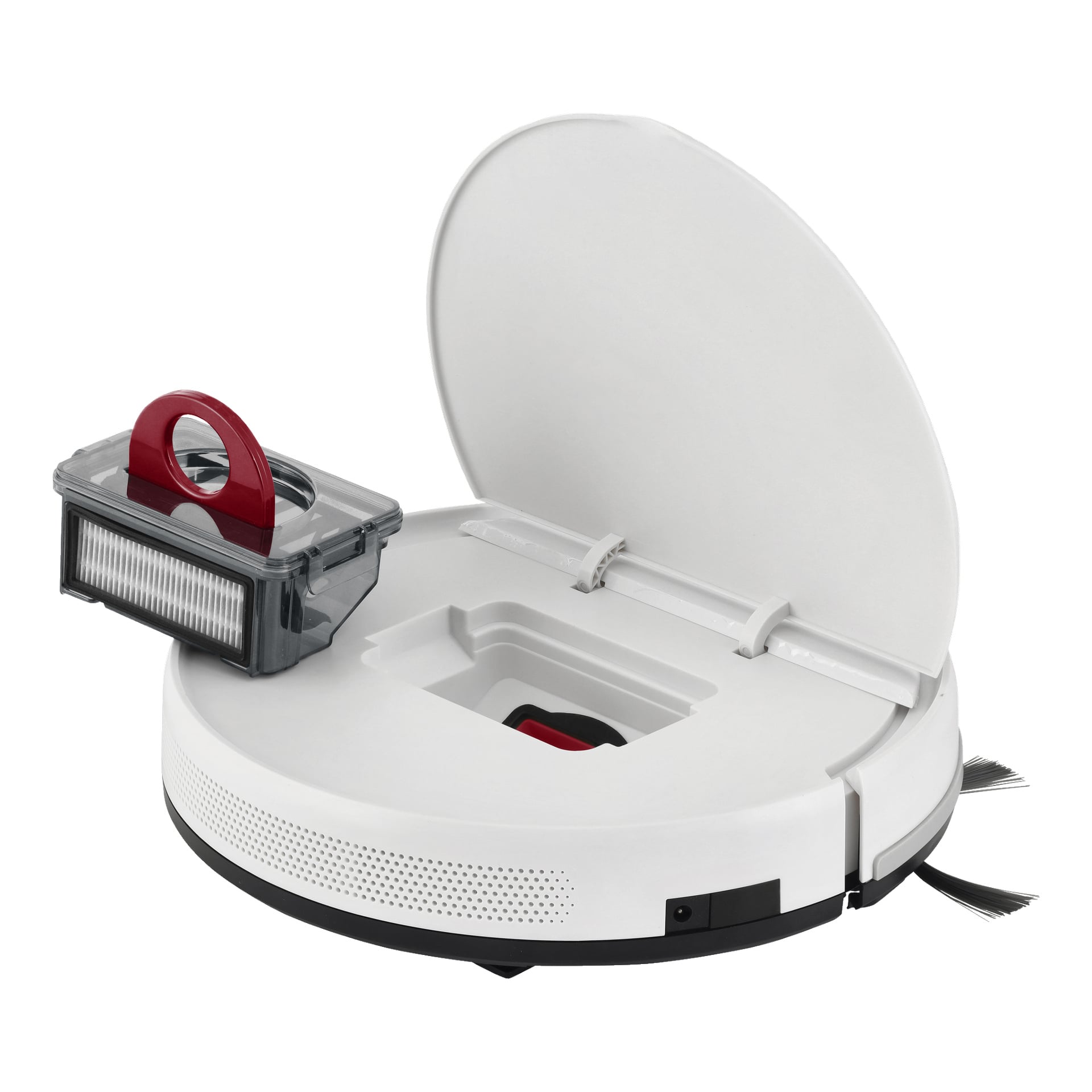 En vit robotdammsugare visas med locket öppet, vilket exponerar soptunnan och ett filterfack med ett rött handtag. Ventilationshål är synliga längs sidorna och en sidoborste är fäst.