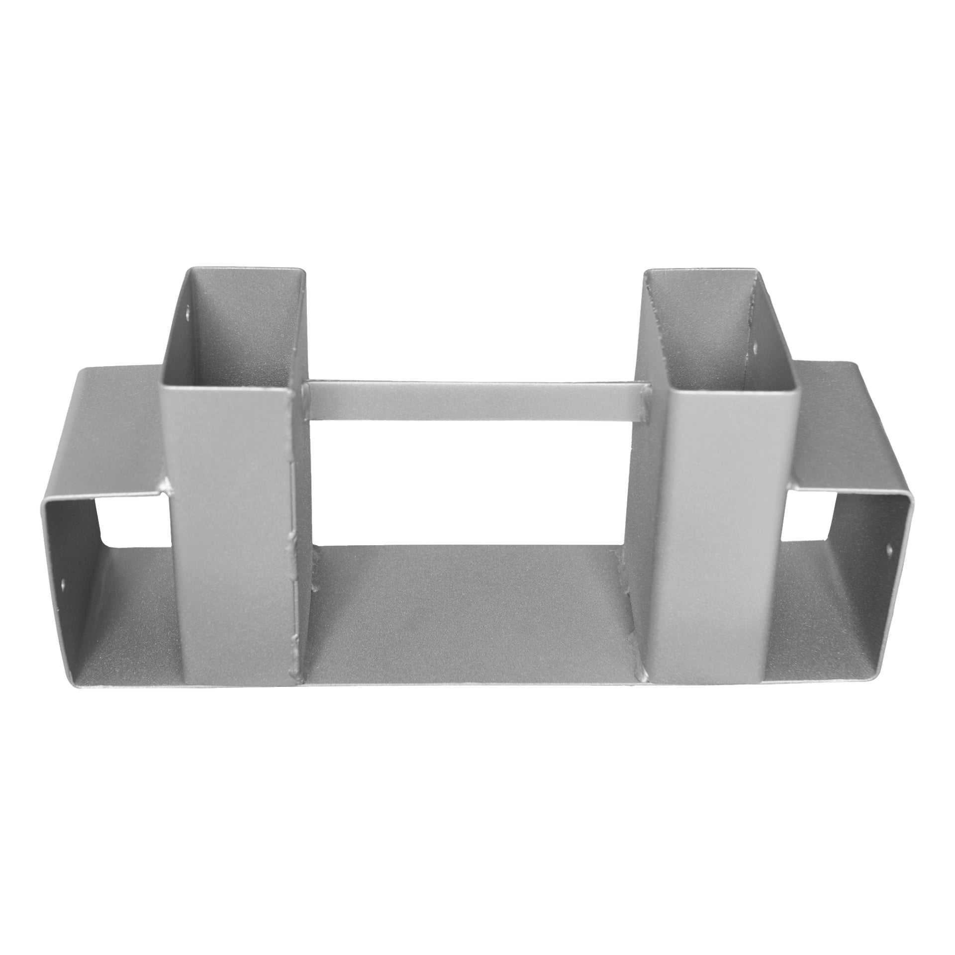 Hard Head Firewood Brackets är tillverkade av metall, designade med en rektangulär bas och två vertikala rektangulära spår på varje sida, uppdelade av en horisontell stång i mitten.