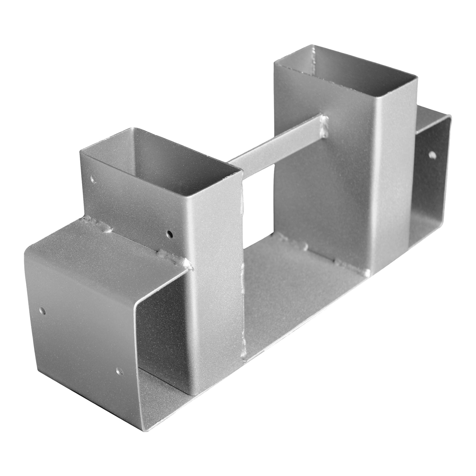 Hard Head Firewood Brackets består av två metalliska rektangulära hållare i silver som är förbundna med en platt stång, där varje hållare har ett sidohål.
