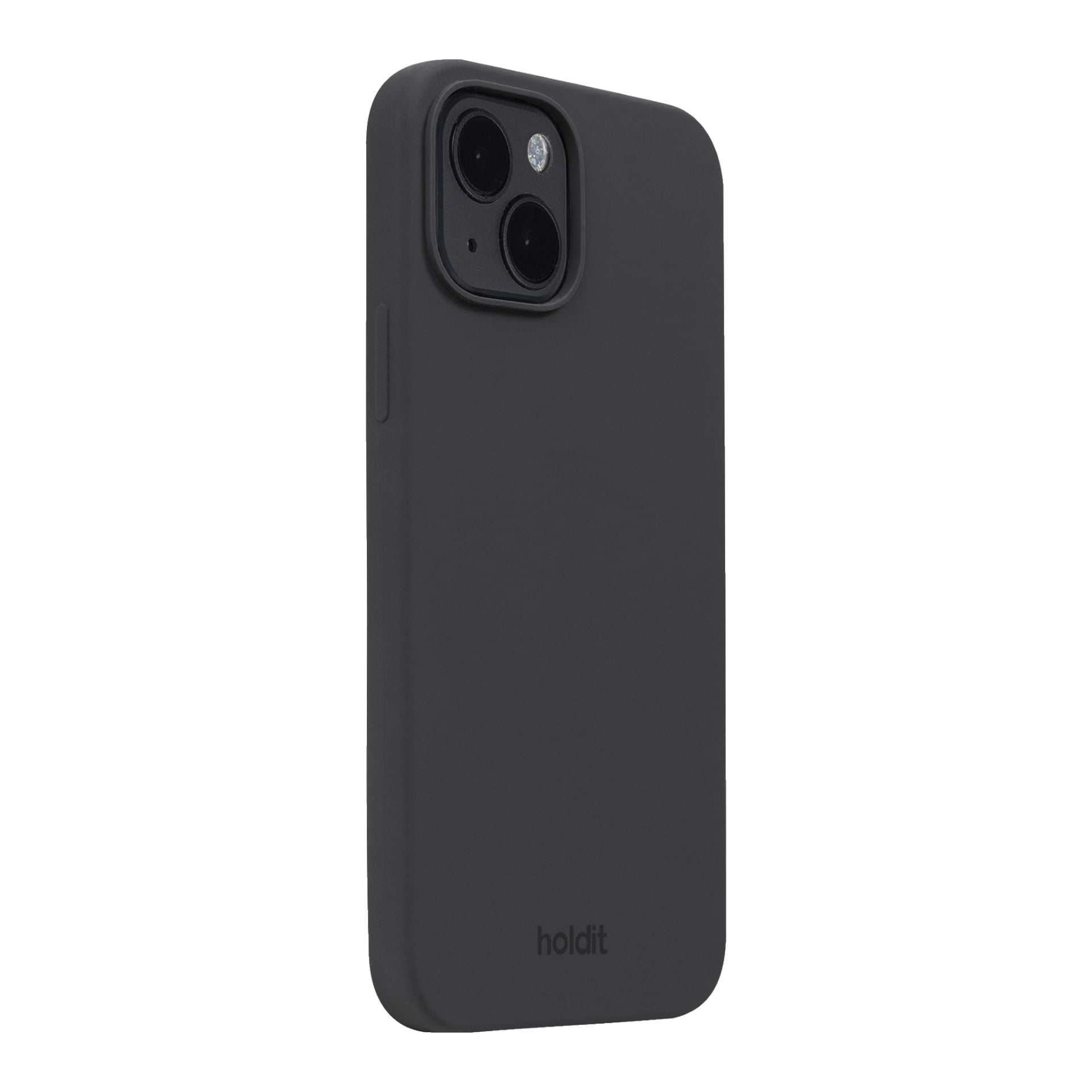 Ett matt svart Holdit-fodral designat för iPhone 14/13 är placerat upprätt, med förstärkta hörn och en dubbel kamerautskärning, med varumärket synligt nära basen.