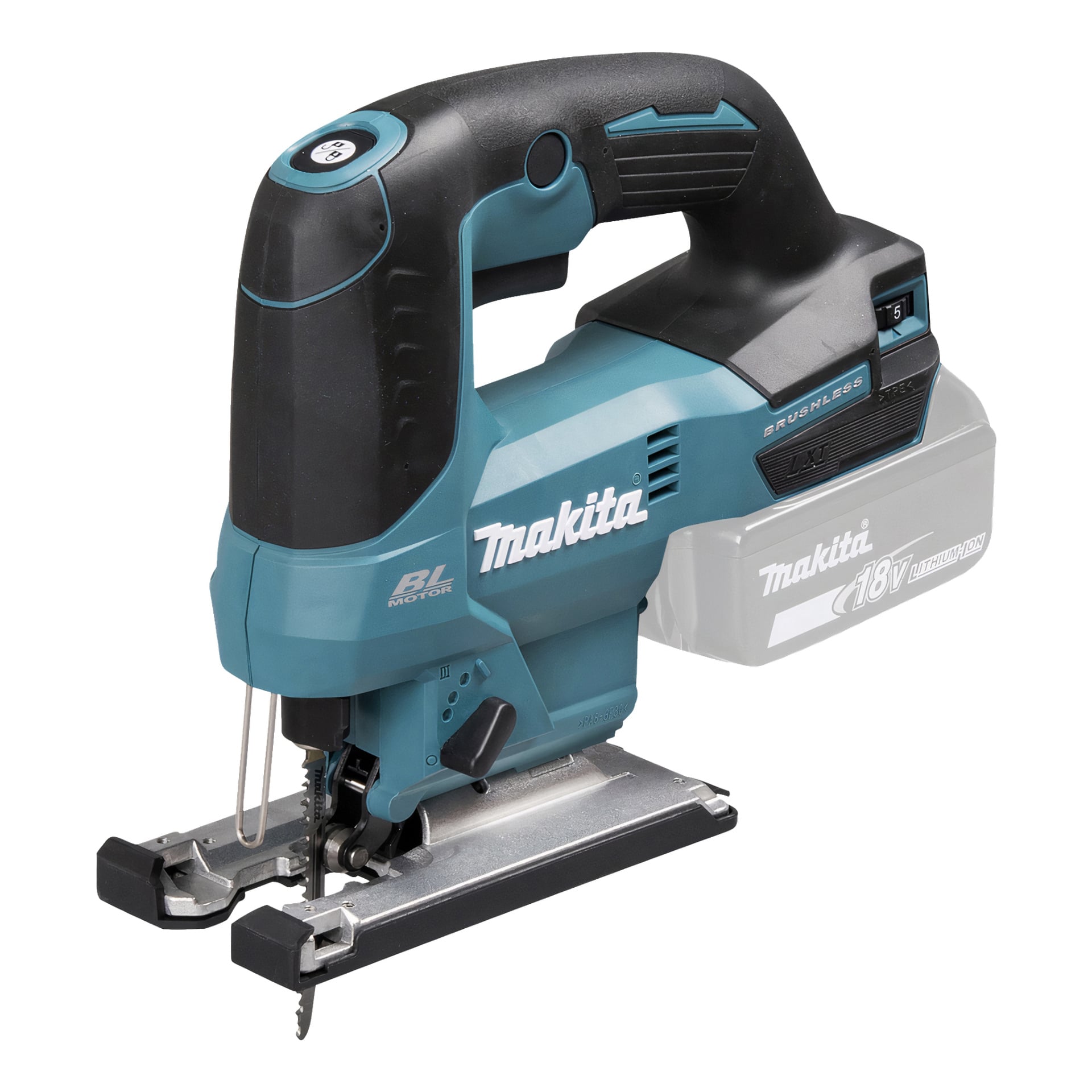 Makita DJV184Z batteridriven sticksåg i turkosa och svart, med blad och en halvgenomskinlig plats för ett 18V litiumjonbatteri.