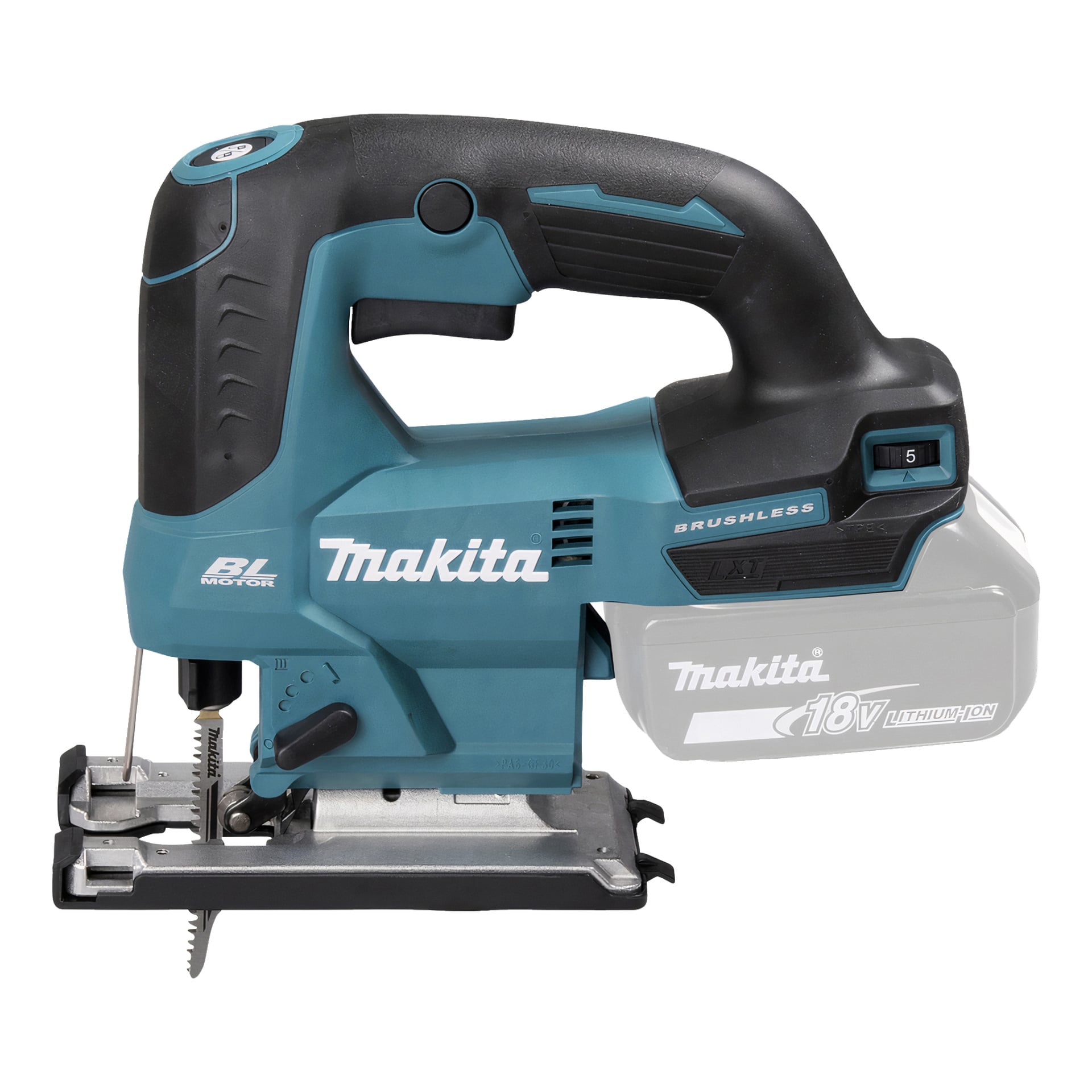 En Makita DJV184Z sladdlös sticksåg med blått och svart grepp, exponerad kniv och ett halvgenomskinligt batterifack märkt 18V litiumjon.