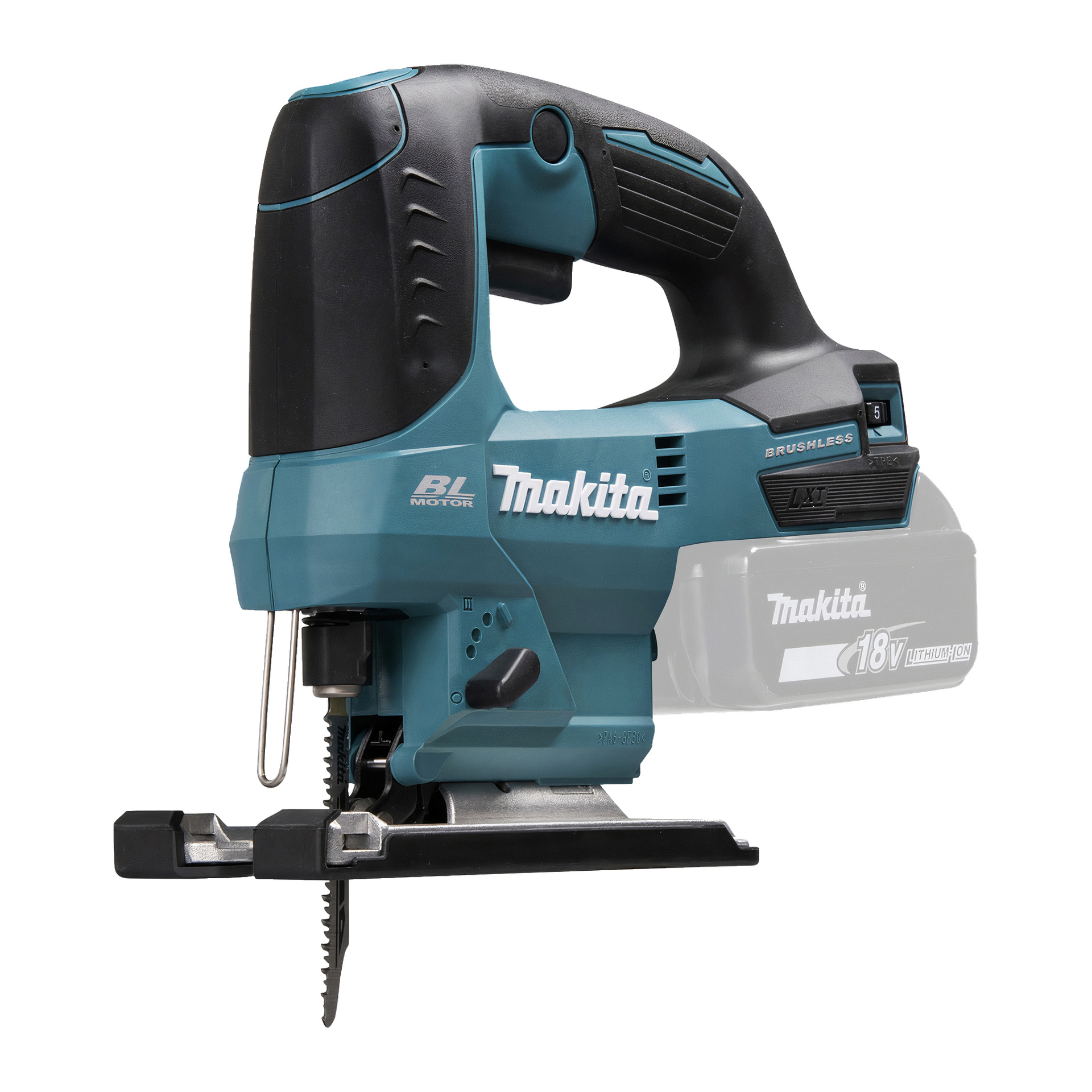 Makita DJV184Z sladdlös sticksåg i teal och svart, sedd från sidan, med ett ergonomiskt översta handtag, ett fäst blad och ett öppet fack för ett 18V litiumjonbatteri.