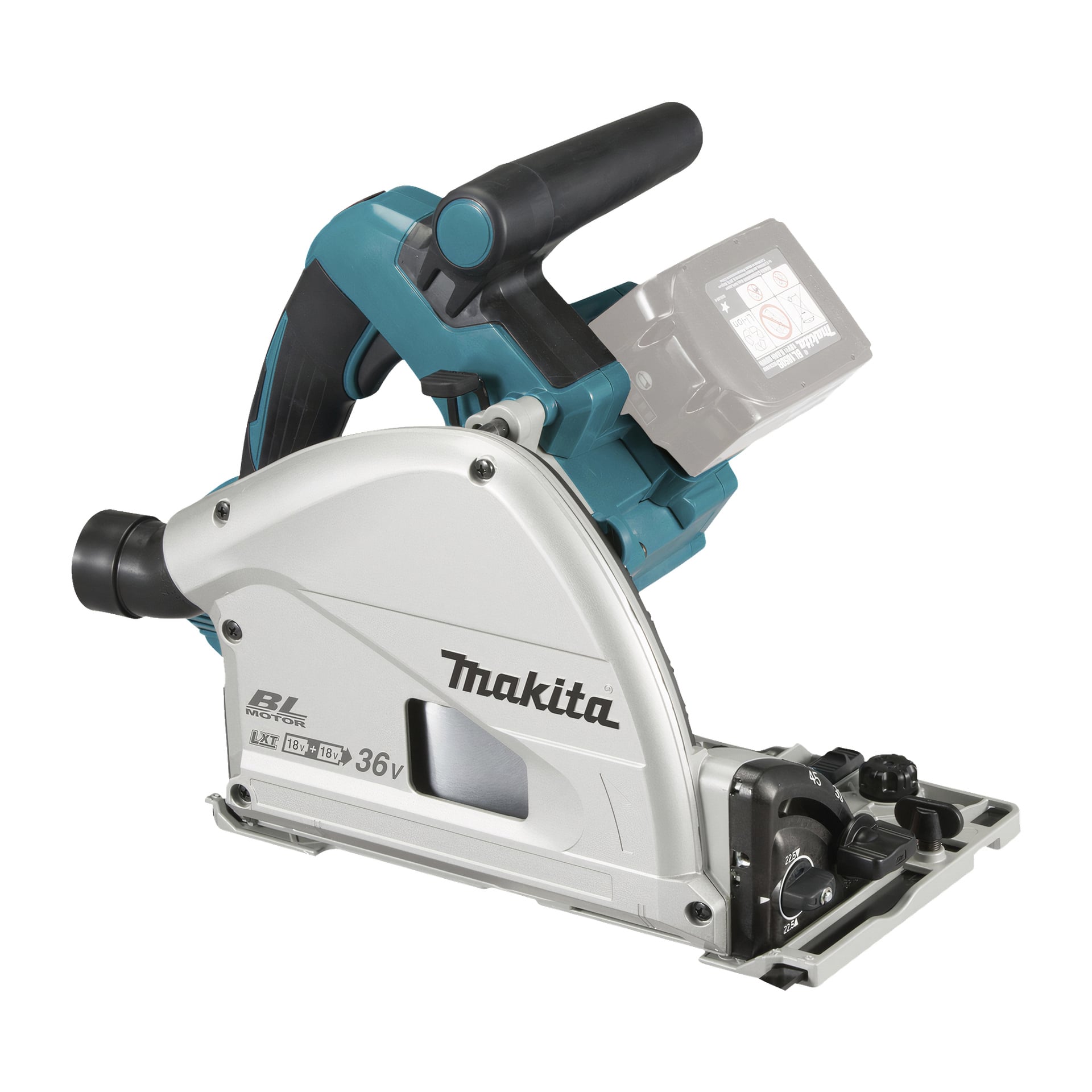 En Makita LXT DSP600ZJ batteridriven dyksåg med grått och tealfärgat design visas från sidan och visar 36V-etiketten. Bilden markerar dammporten, handtaget och batterifacket, medan bladet delvis är dolt av en säkerhetsskydd.