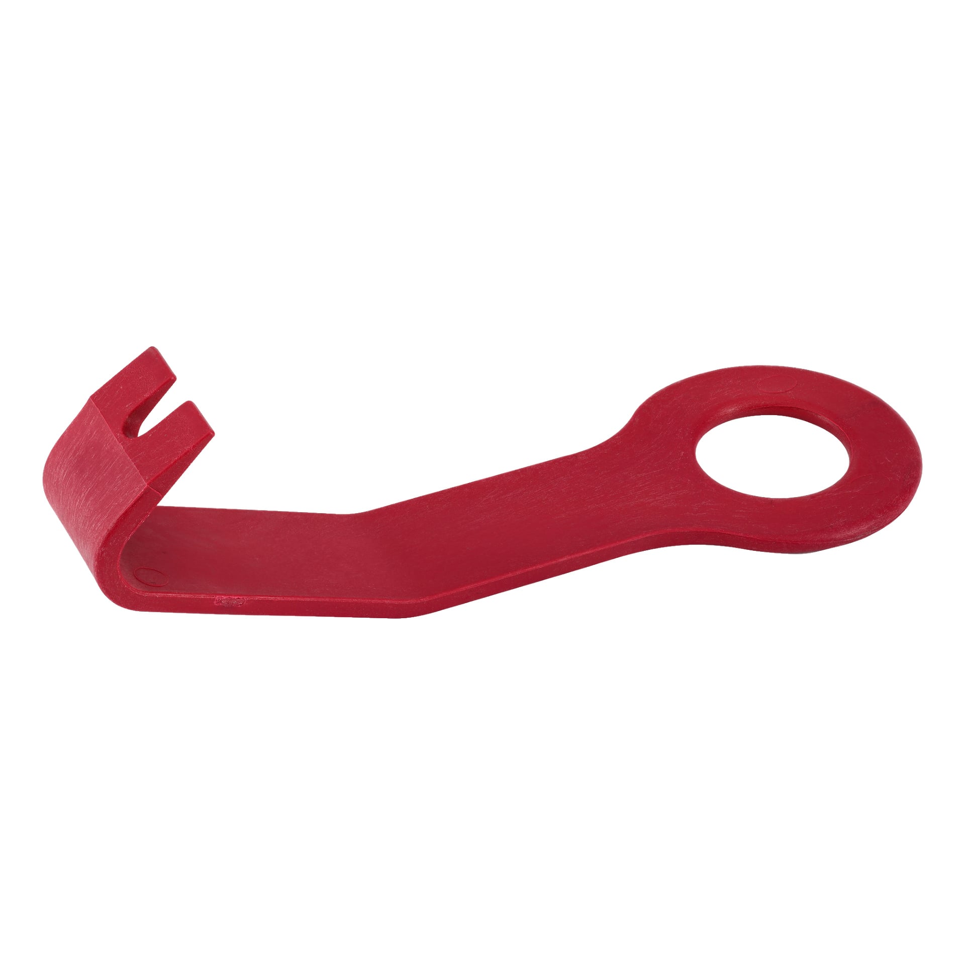 Ett rött plastbräck från Meec Tools "Bräckstänger 7 delar" har ett stort runt hål i ena änden och en böjd, slitsad gaffel i den andra, avsedd för att bända eller ta ut föremål.