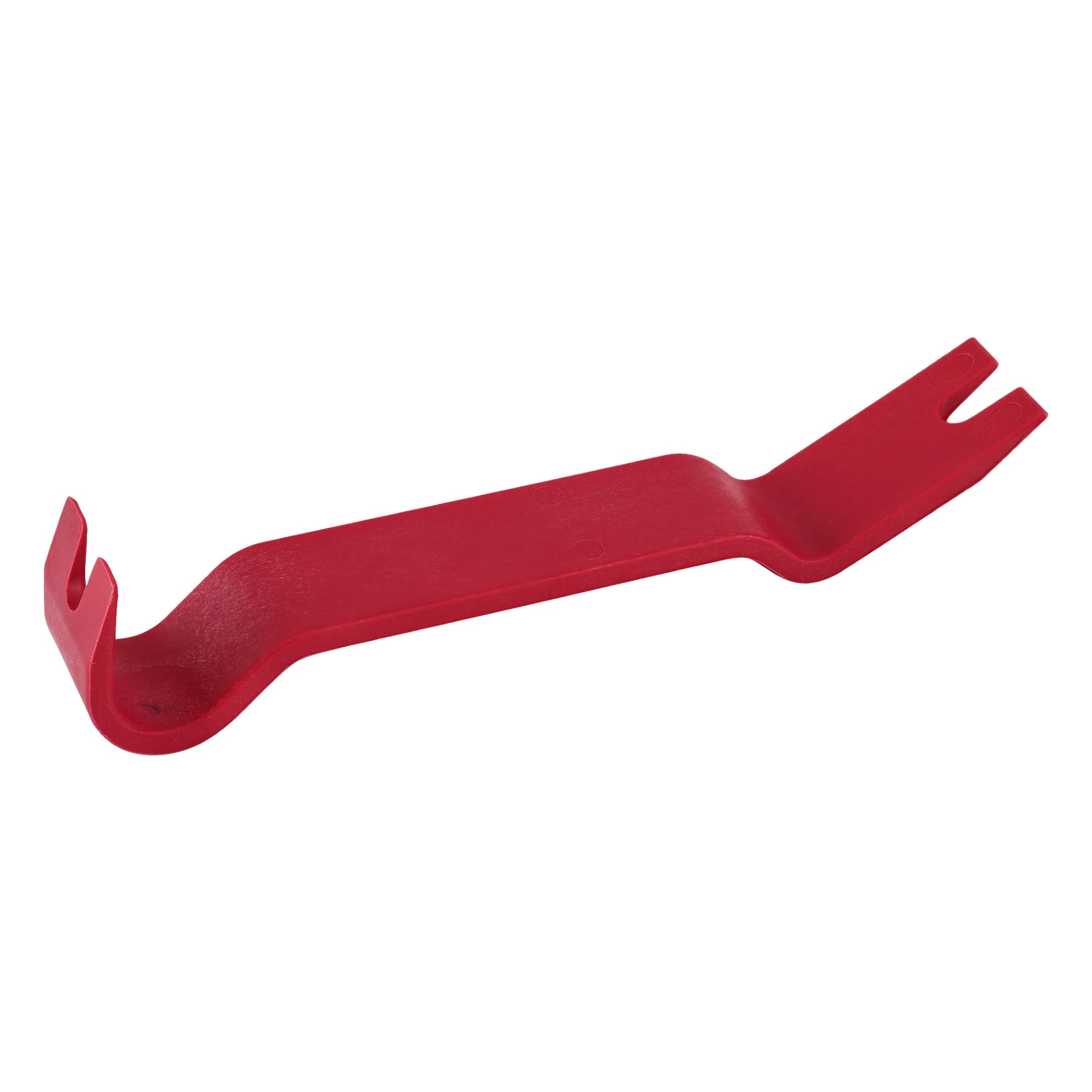 En röd plastbräck från Meec Tools Pry Bars 7 Pieces-setet visas, med vinklade ändar och tappade spetsar som möjliggör säker borttagning eller lyftning av billister utan att orsaka skador.