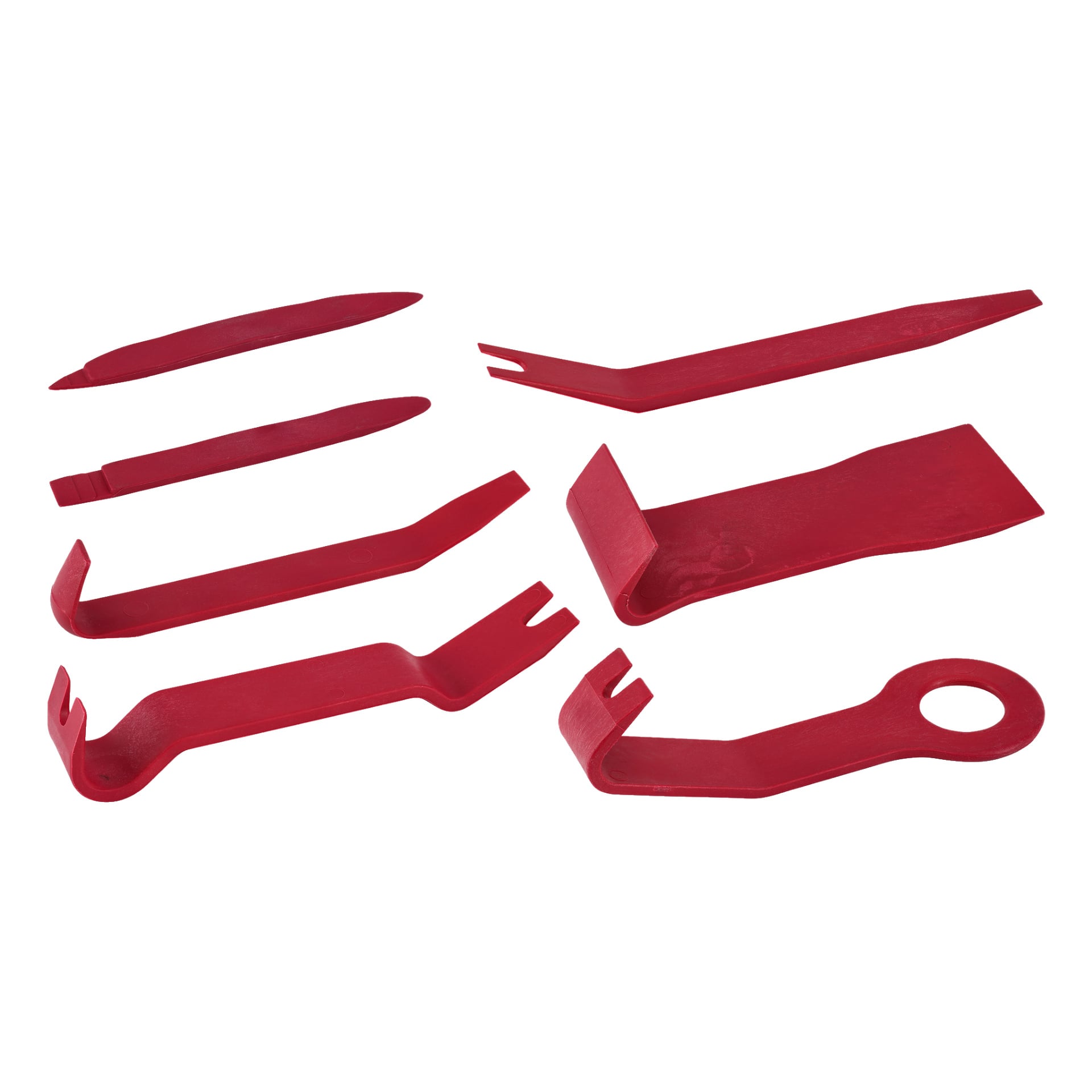 Sju röda plastbräck från Meec Tools, var och en med distinkta former och spetsar. Verktygen inkluderar en blandning av gaffel-, platta och krokiga ändar för att enkelt bända eller ta bort paneler.