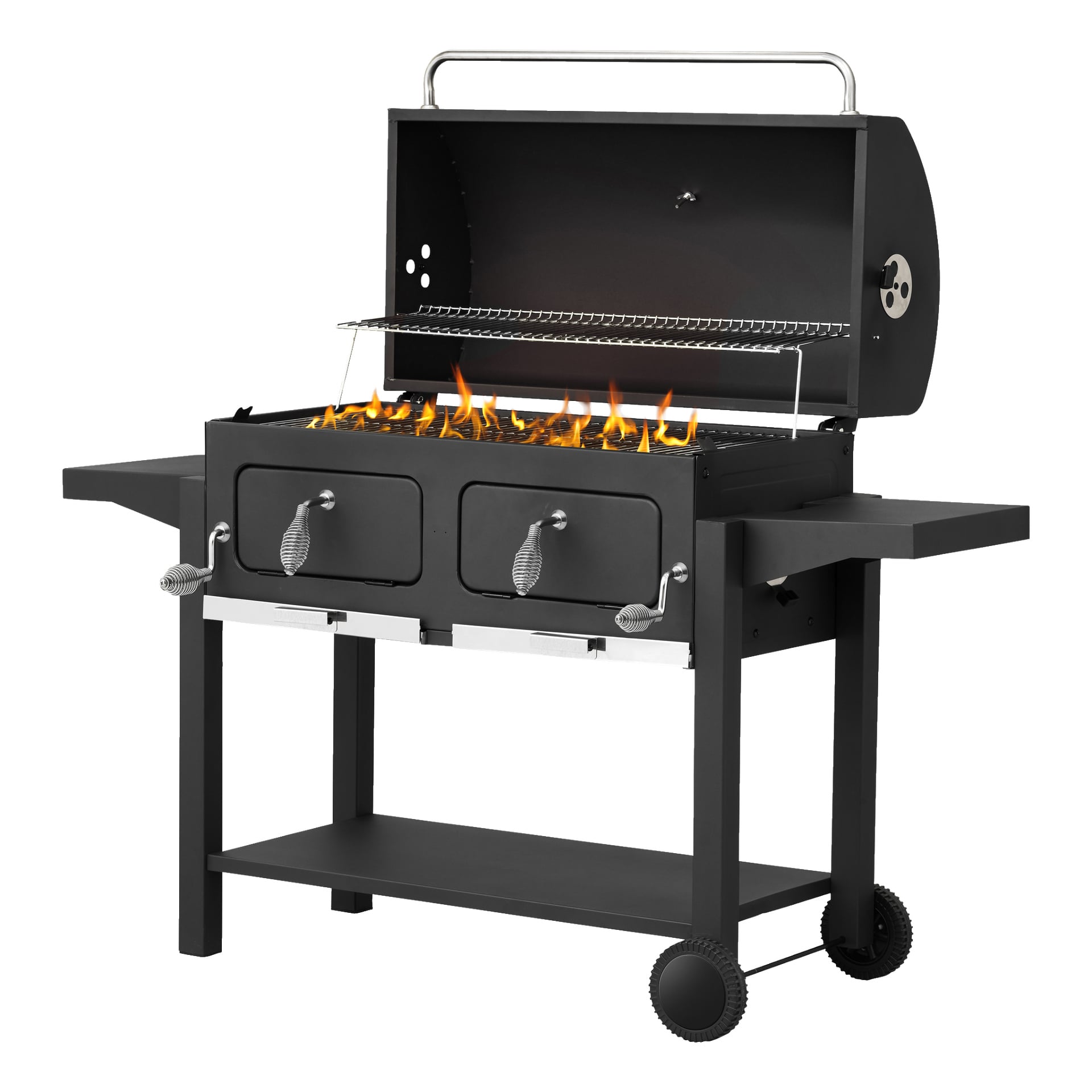 En svart Burns & Barkles Double Charcoal Grill Coal King 8242 visas med locket öppet, vilket visar lågor på grillgallret. Grillen har två sidobord, en lägre hylla, hjul för rörlighet, två ytterdörrar och en upphöjd värmeställning.