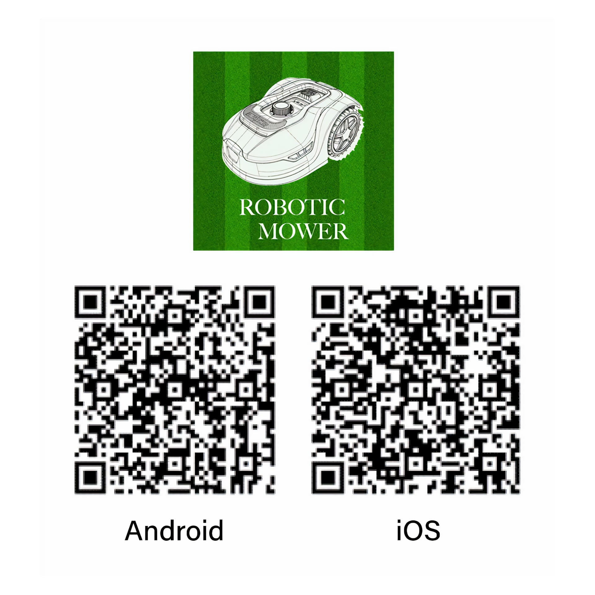 En illustrerad robotgräsklippare med appfunktioner och Meec Tools ovanför produktnamnet, plus QR-koder för Android- och iOS-nedladdningar, mot en grönrandig bakgrund.