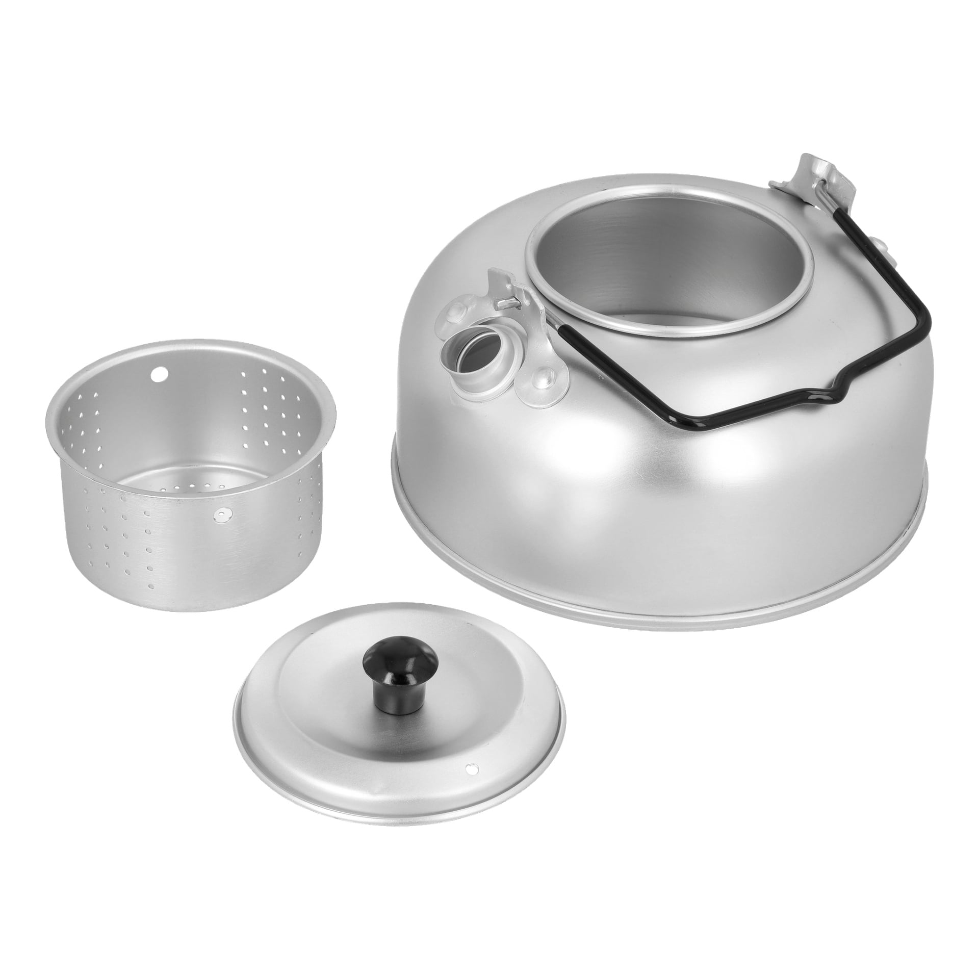 En silverfärgad Kayoba-te- eller kaffekanna med svart handtag och ett matchande lock med svart knopp visas tillsammans med en perforerad metallinsats.