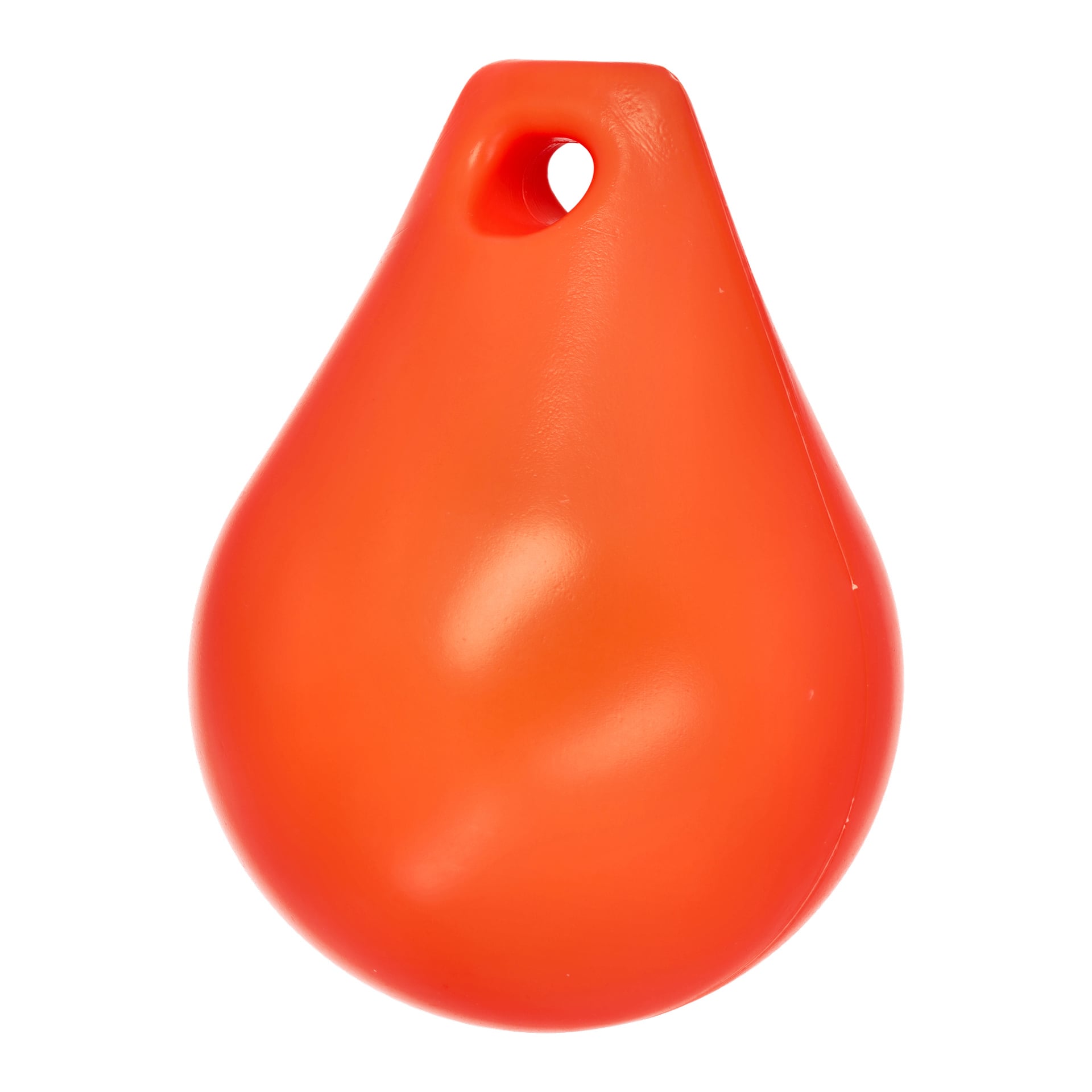 En slät, klarorange Kayoba-flotte designad för fiskfällor eller lockar, formad som en tårdroppe med ett hål upptill för att fästa en lina eller rep.