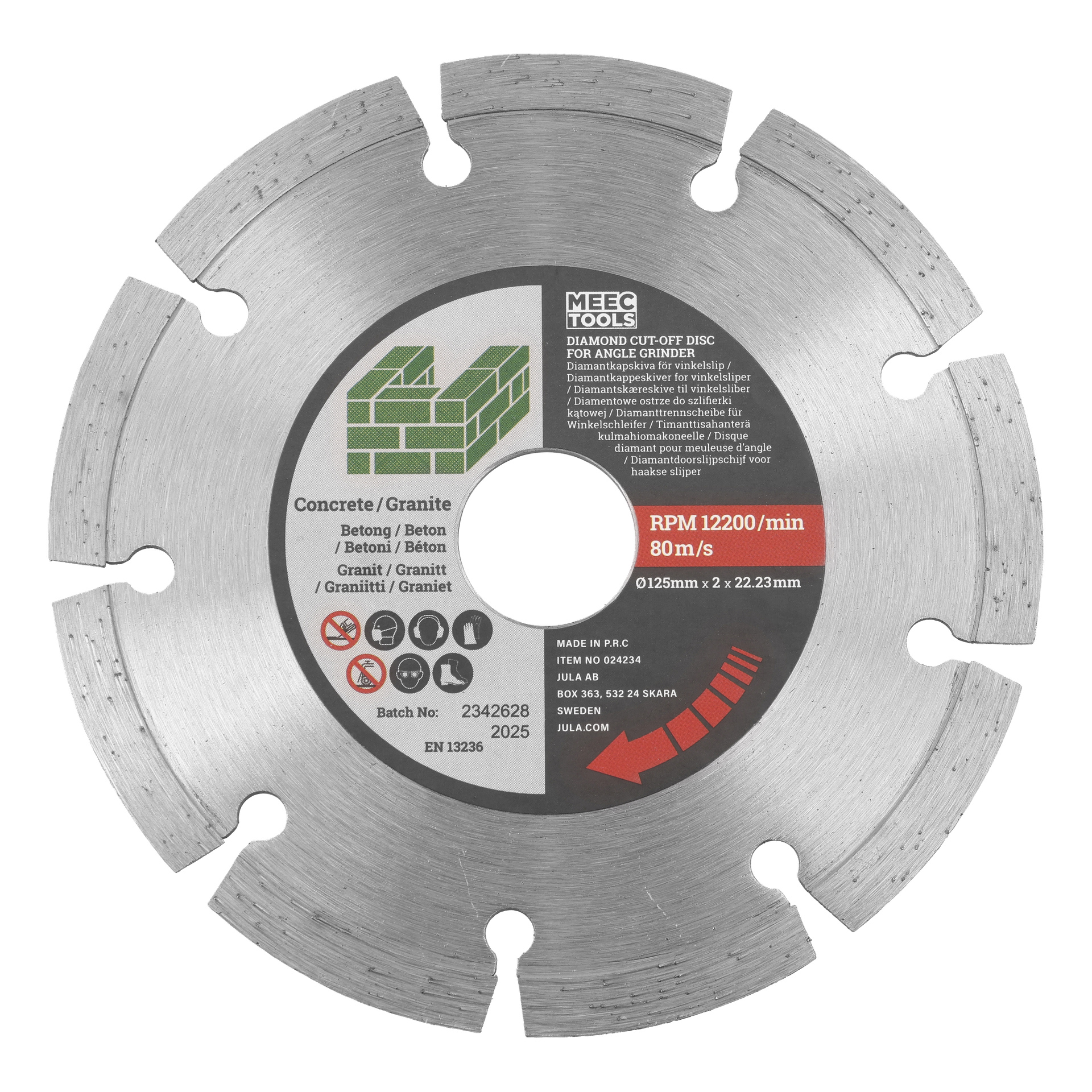 MEEC Tools cirkulär diamantskiva för vinkelslipar, märkt för betong och granit, 125 mm, 22,23 mm axel, 12 200 varv per minut, ikoner synliga.