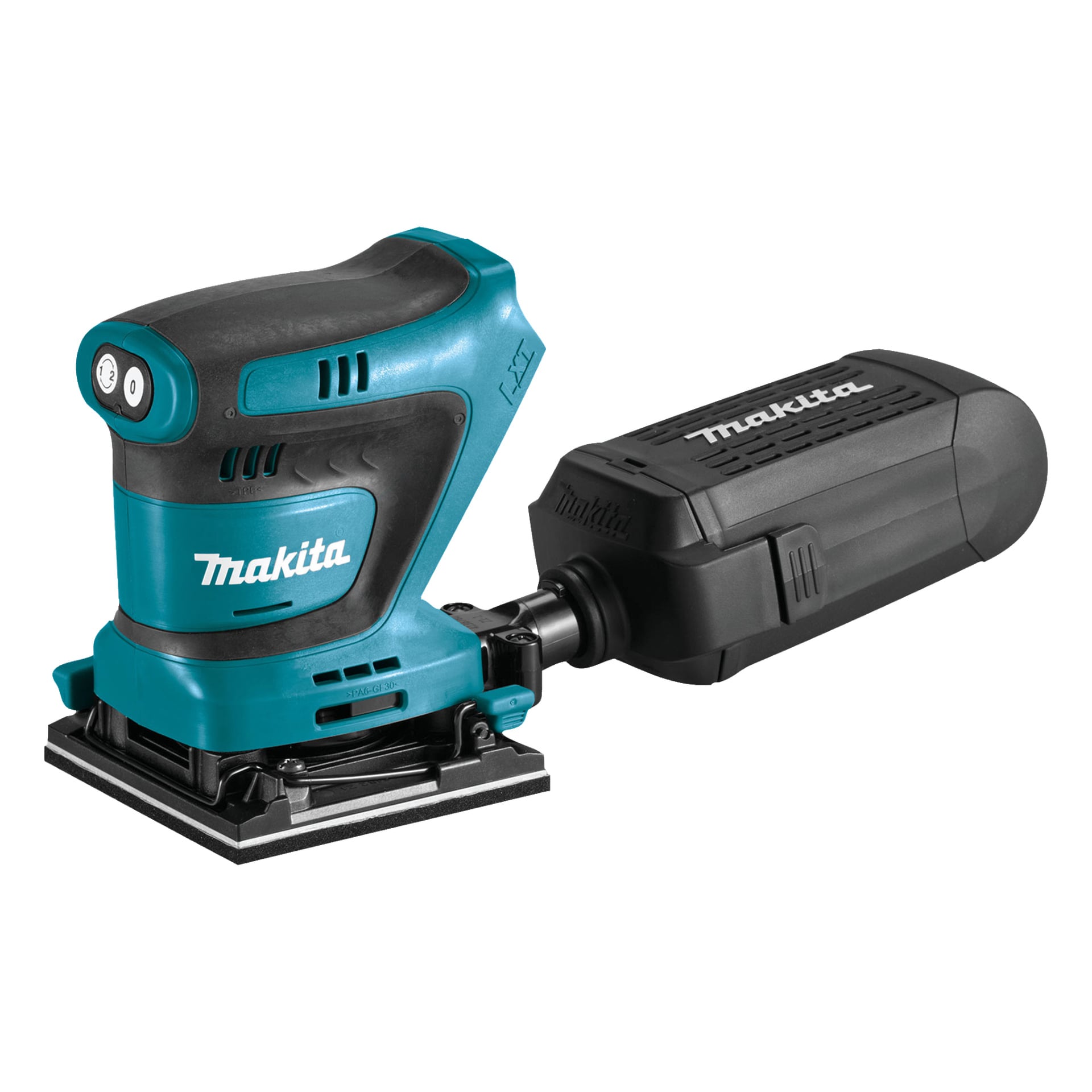 En teal- och svart Makita DBO480Z batteridriven orbital slipmaskin med rektangulär slipbas och en fastsatt dammuppsamlingslåda.