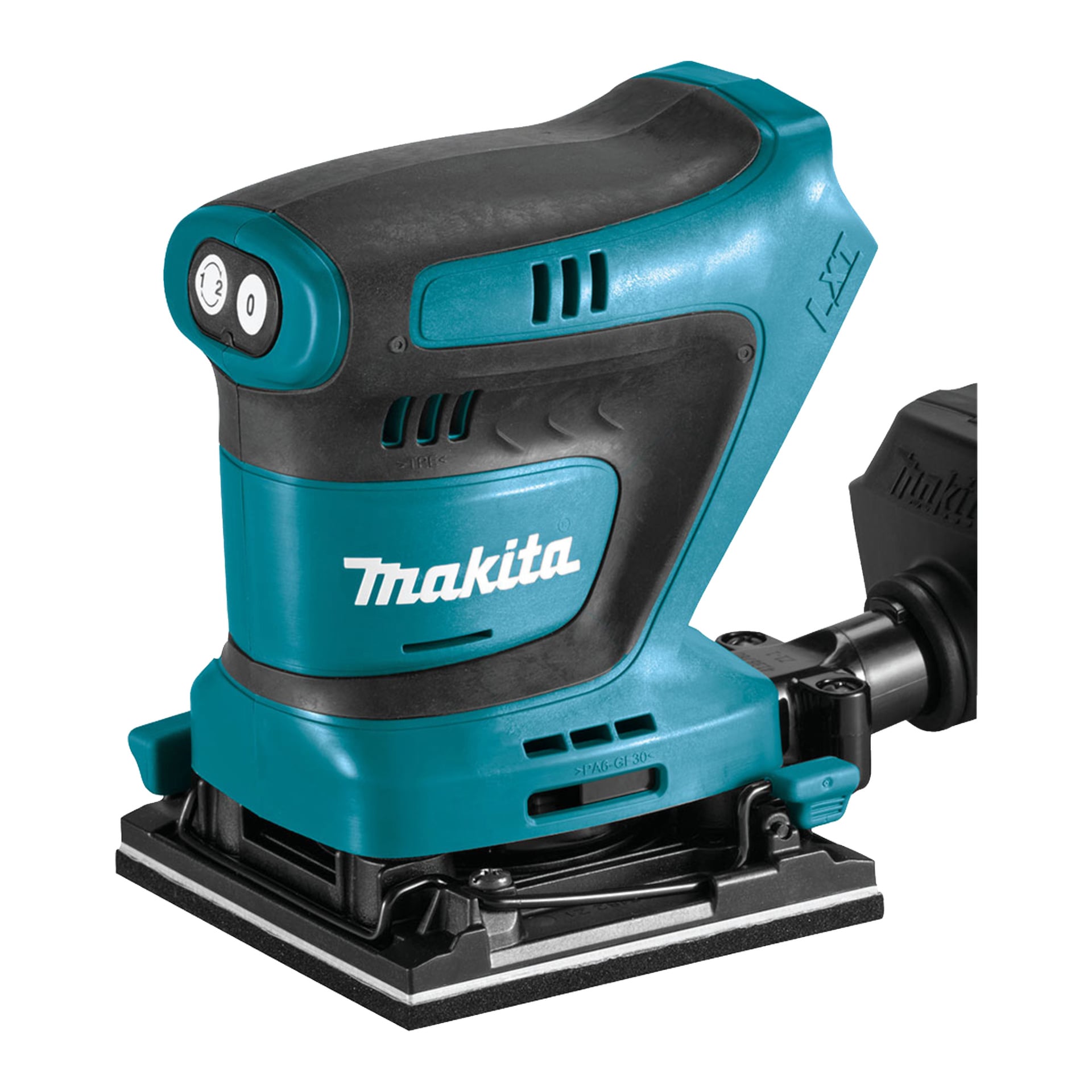 En närbild av Makita DBO480Z batteridrivna orbitalslipare visar dess teal- och svarta design, med kontrollknappar placerade ovanpå och en fyrkantig slipplatta under. Makita-logotypen syns tydligt på sidan.