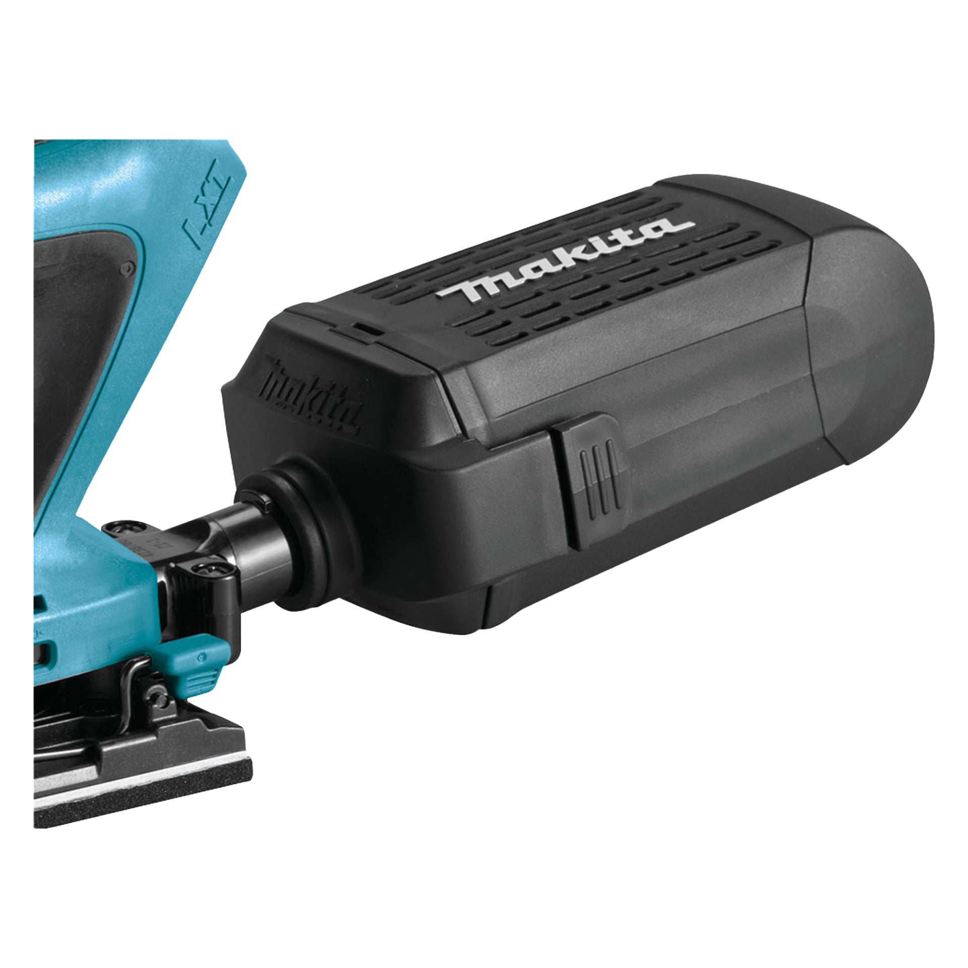 Närbild på en Makita DBO480Z sladdlös orbital slipmaskin, som visar dammuppsamlartillbehöret tillsammans med dess gröna och svarta hölje. Dammuppsamlaren visar Makita-logotypen.