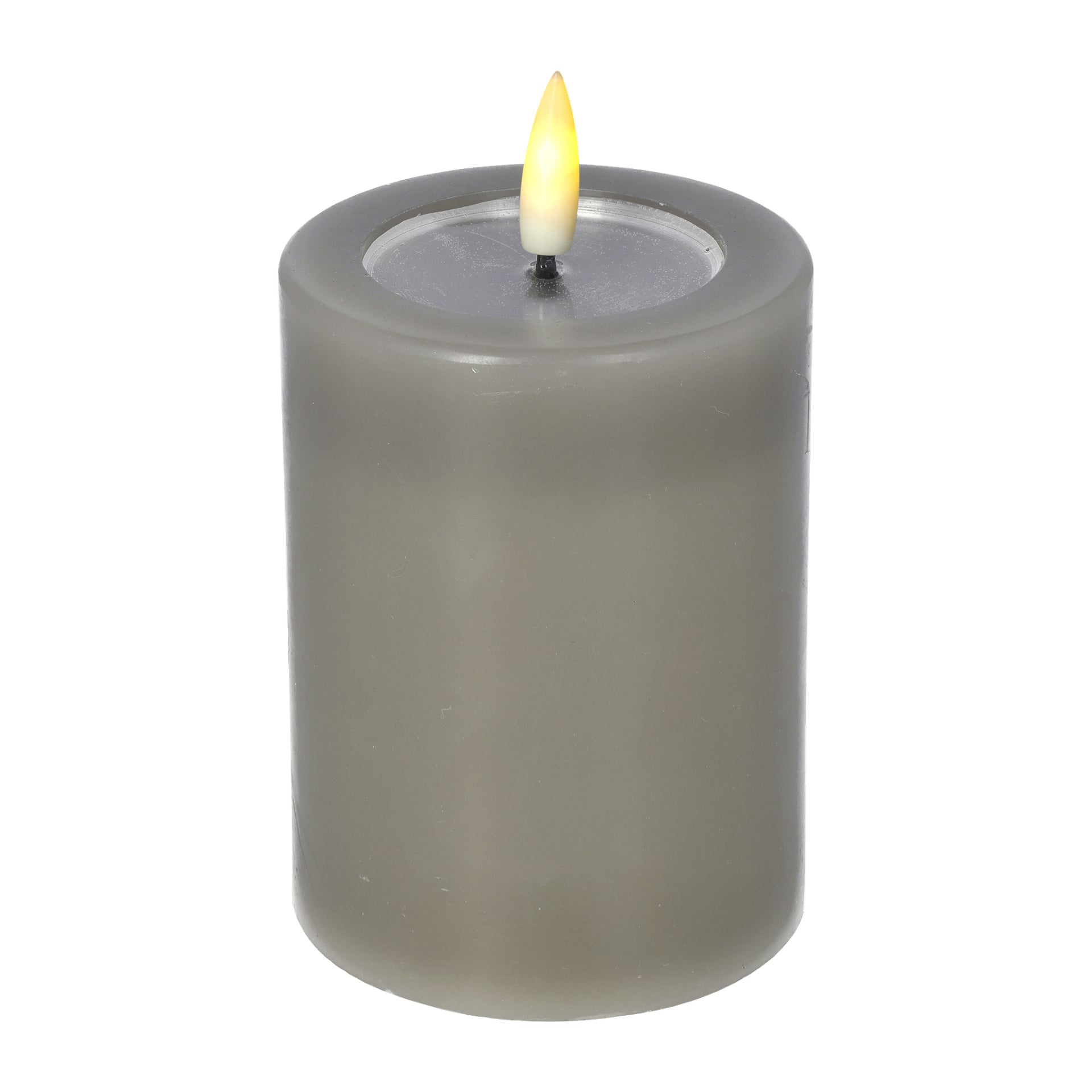 Eine einzelne graue Pillar Candle von Menuett hat eine glatte Oberfläche und eine flackernde LED-Flamme. Die Kerze sieht ungenutzt aus, abgesehen vom leuchtenden LED-Docht.