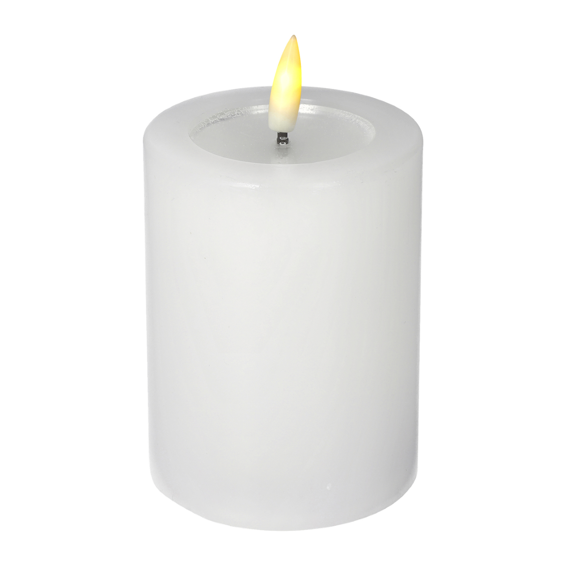 Menuett Pillar-lyset med en flimrende LED-flamme står oppreist, ser ubrukt ut og uten voksdrypp eller feil.