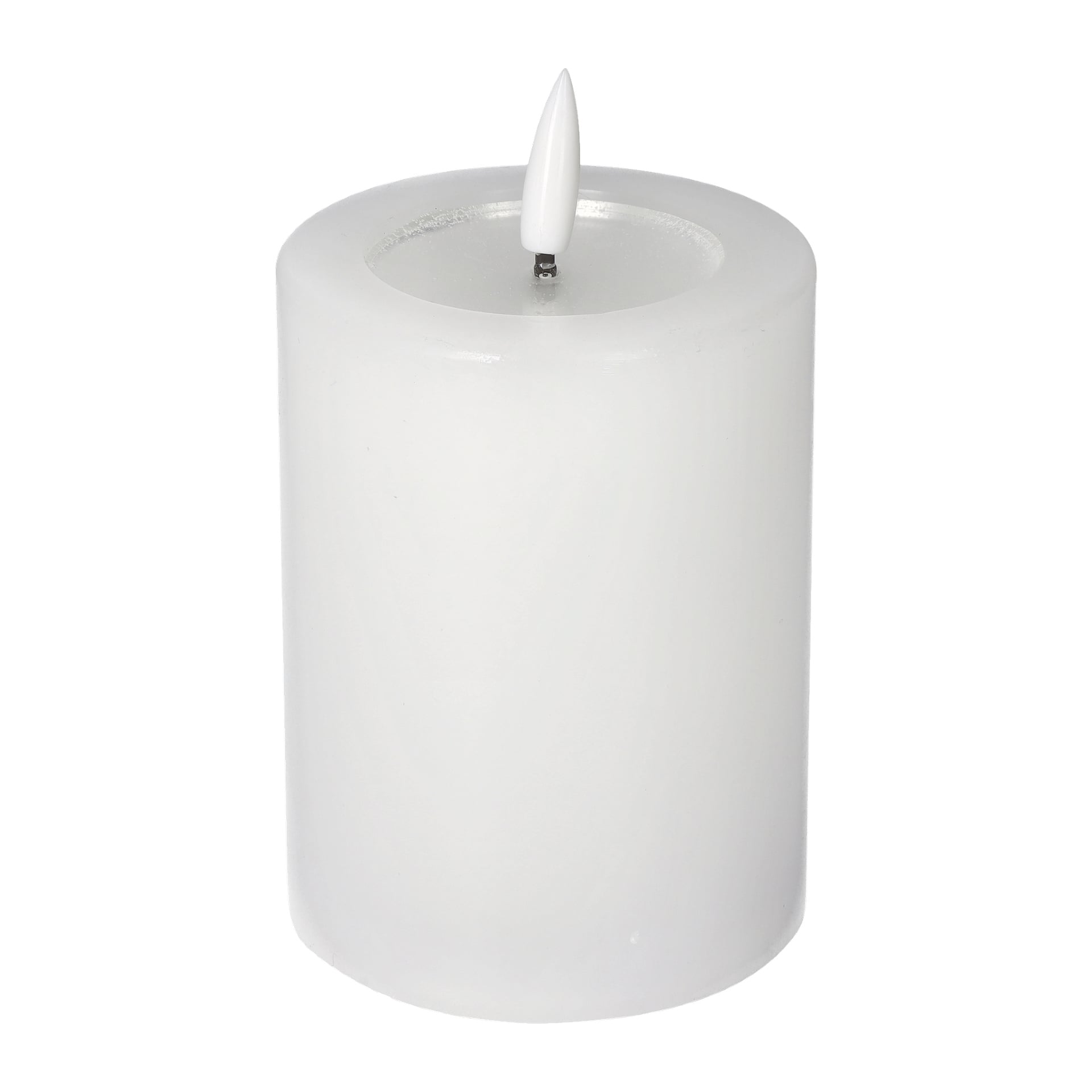 Menuett Pillar Candle med flakkende LED-flamme er utent, med en glatt, hvit sylindrisk form og en spiss veke i midten.