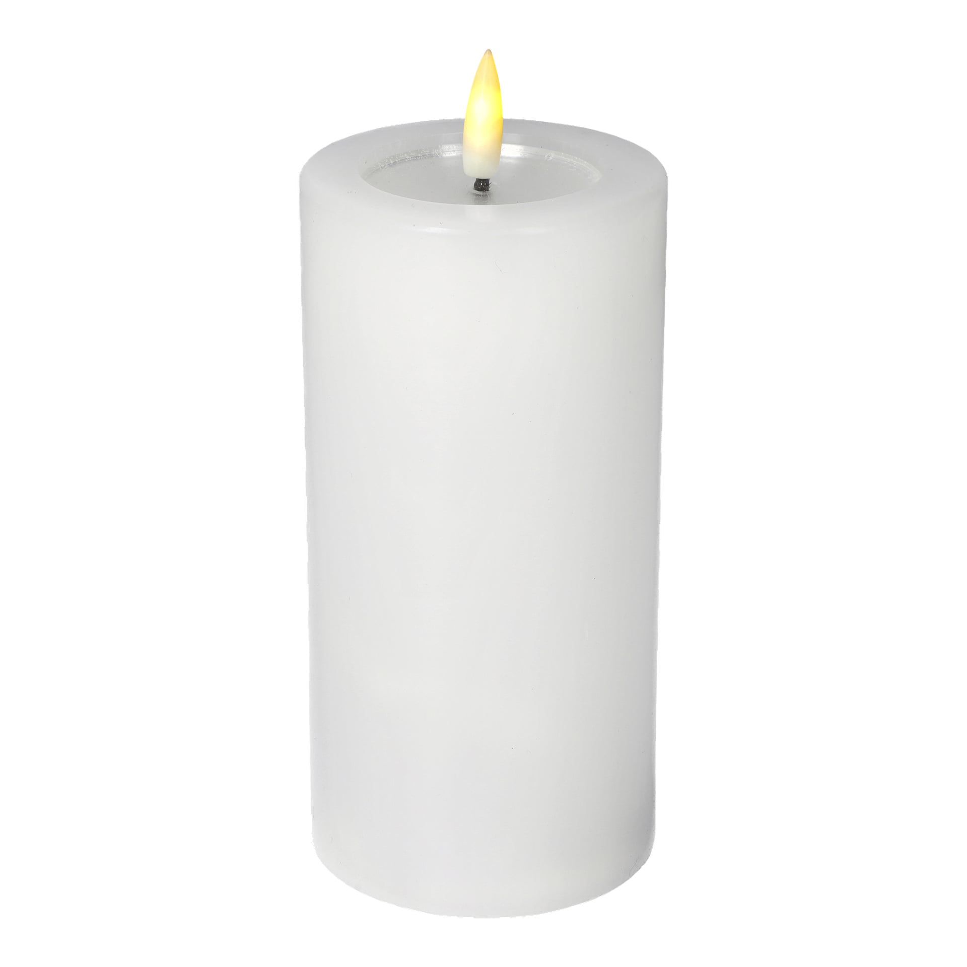 Menuett Pillar Candle med fladdrande LED-låga är ett stort, vitt, cylindriskt ljus.