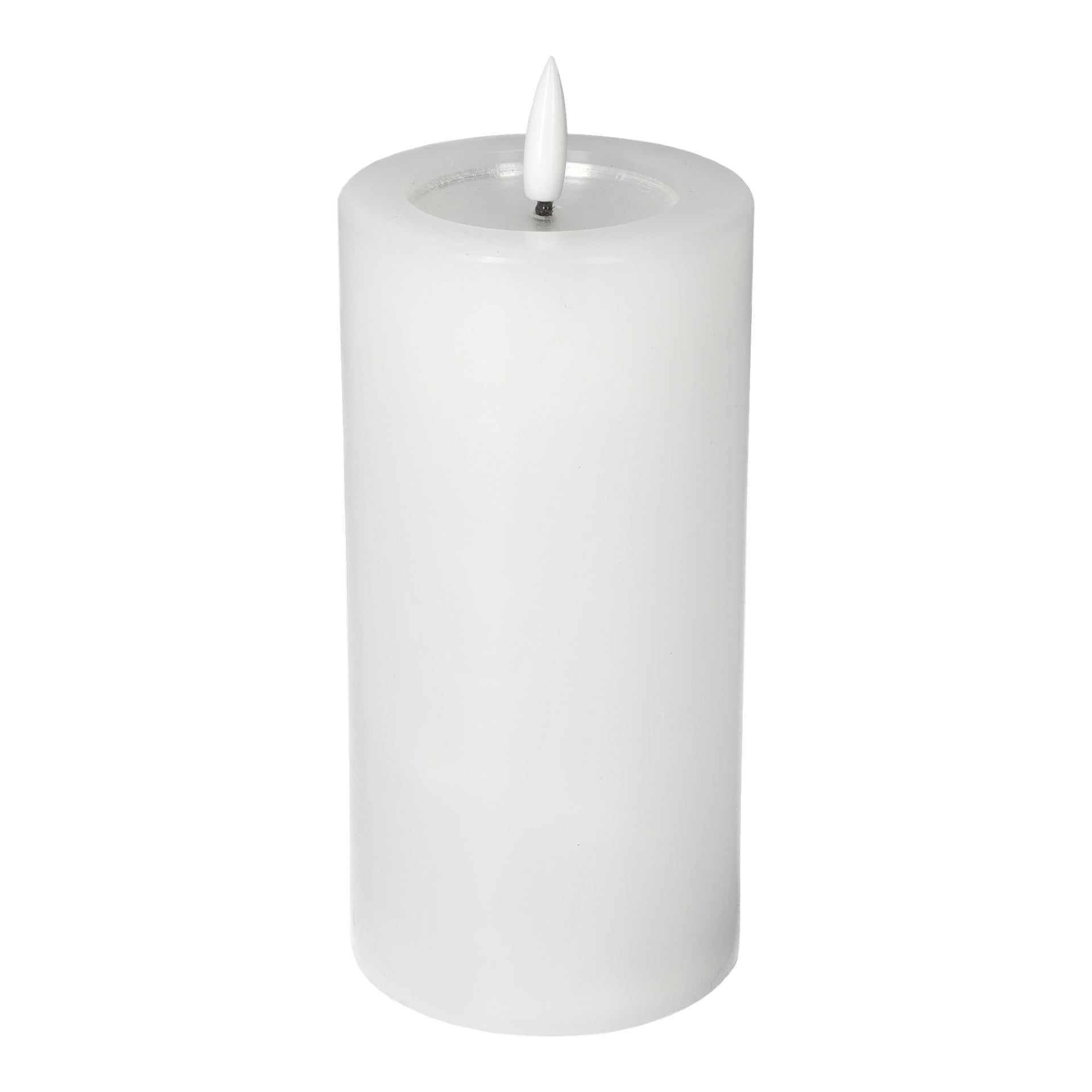 Menuett Pillar Candle med fladdrande LED-låga är ett vitt, slätt cylindriskt ljus med en spetsig LED-spets formad som en låga på toppen.