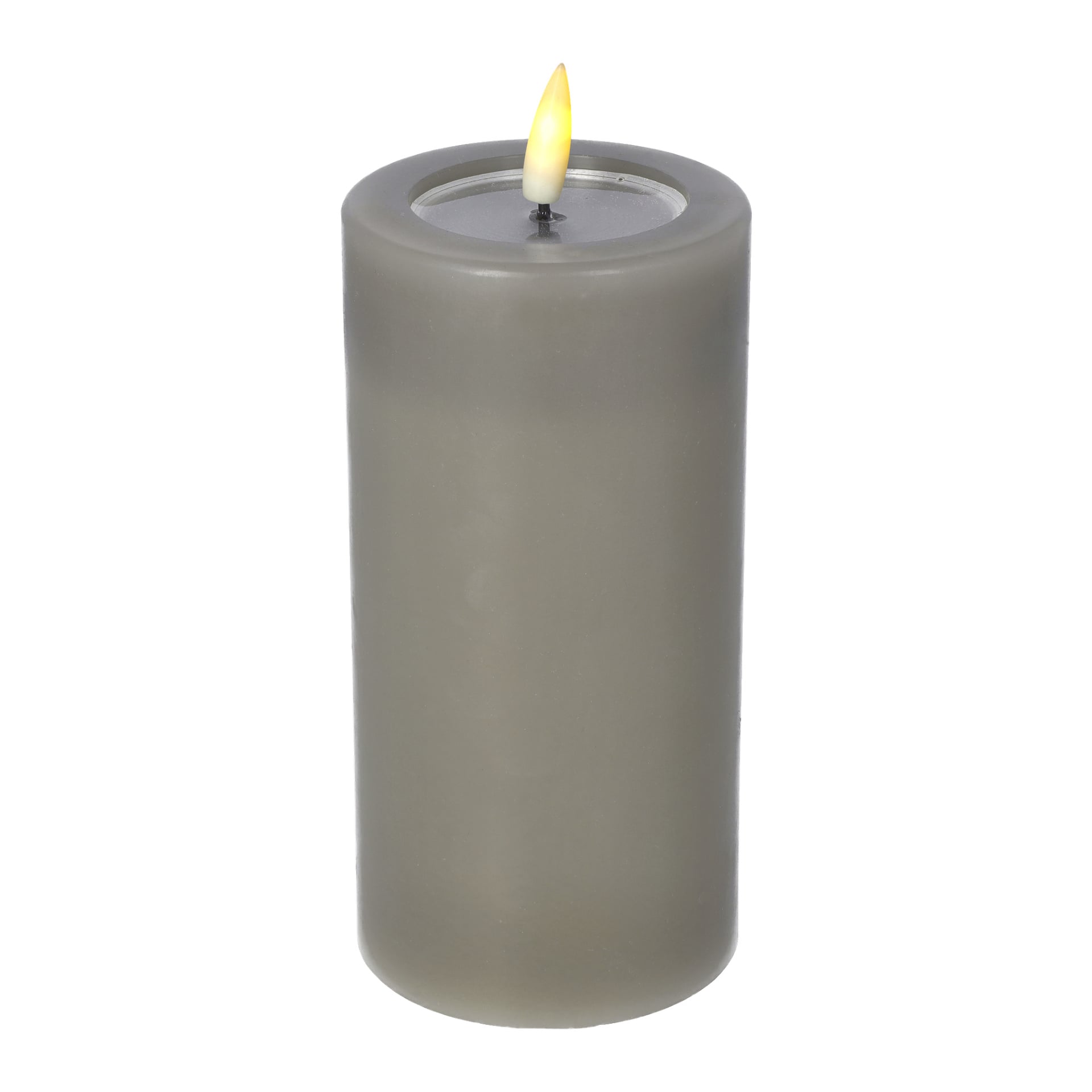 Menuett Pillar Candle med en fladdrande LED-låga är ett grått, cylindriskt ljus som står upprätt, med en tänd veke och en liten gul låga.
