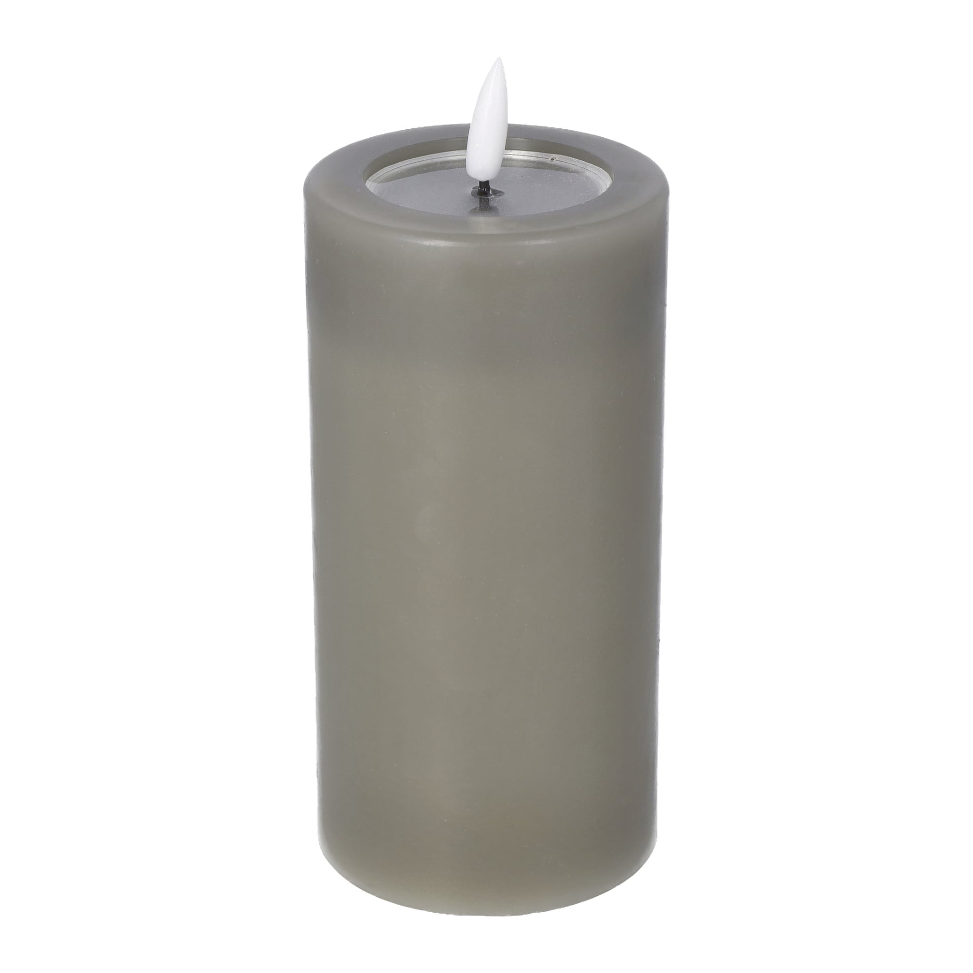 Ett grått, cylindriskt Menuett-pelarljus med en fladdrande LED-låga och en vit, flamformad lampa ovanpå.