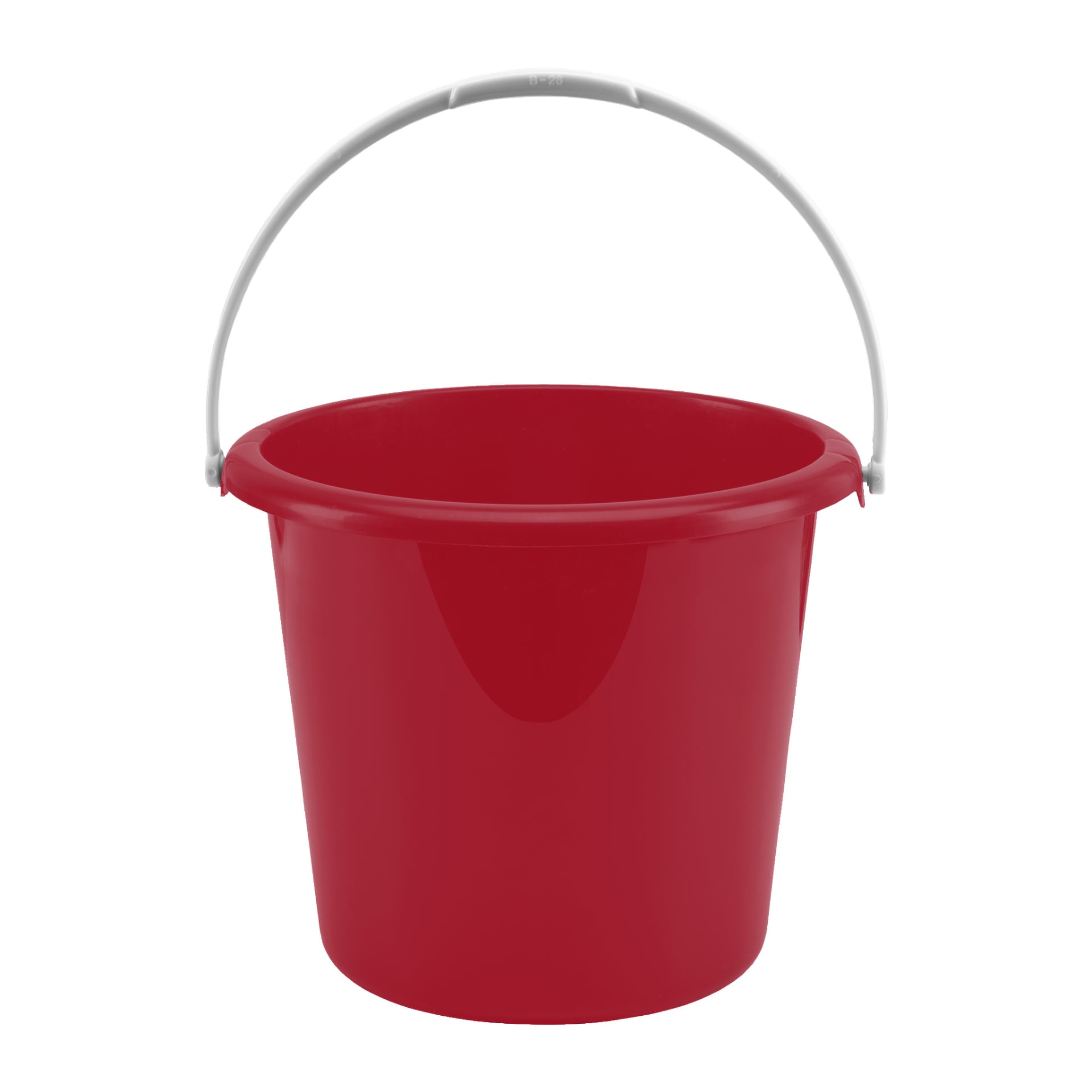 En röd plast-Menuett-hink med vitt handtag visas. Den tomma hinken har en slät, blank yta.