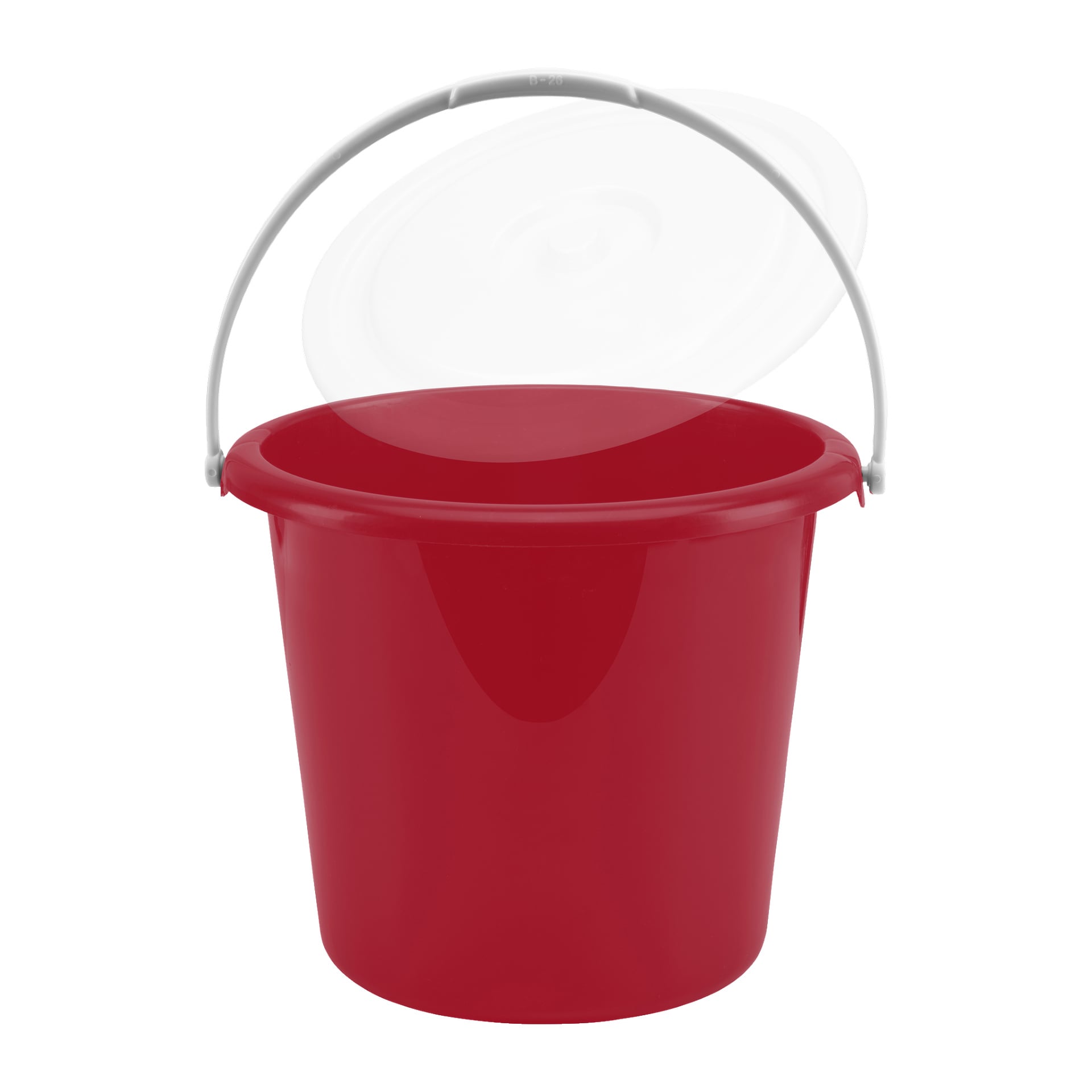 En röd plast-Menuett-hink med vitt handtag och genomskinligt lock.