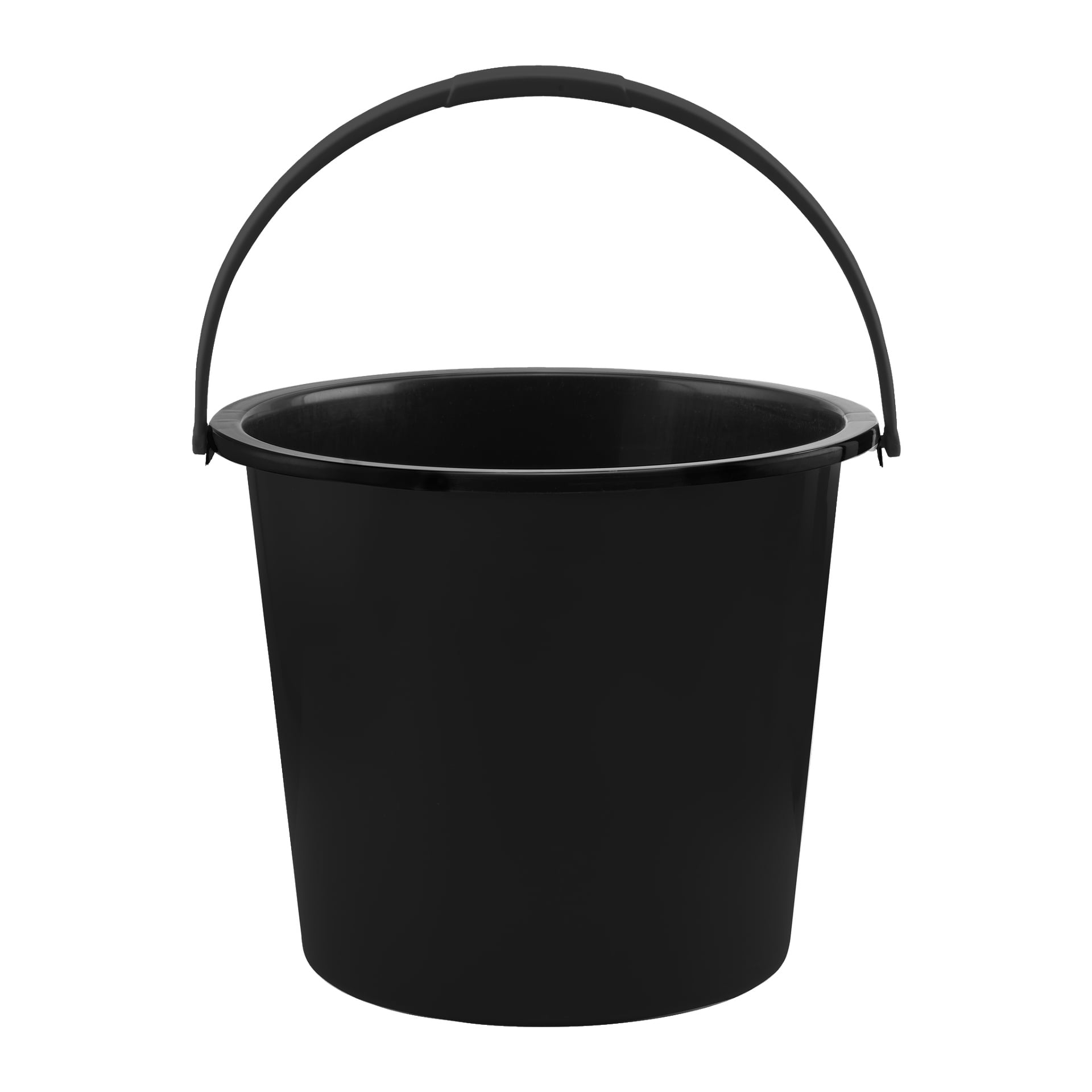 Der Menuett-Eimer ist ein einfacher schwarzer Plastikeimer mit einem runden, offenen Oberteil und einem gebogenen Griff.