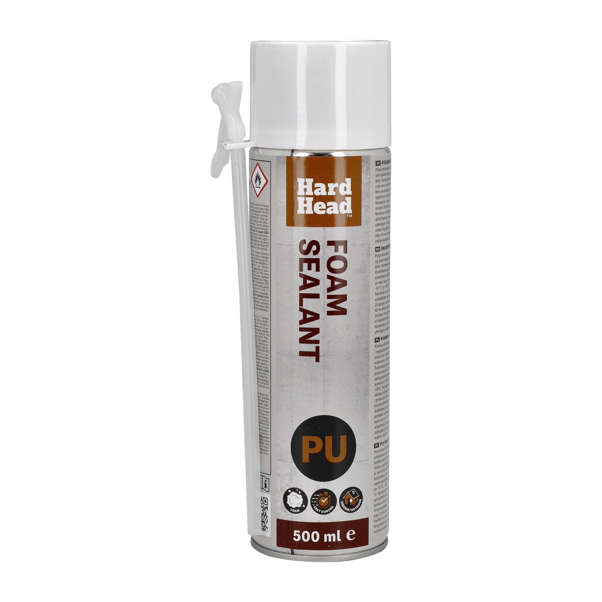 En 500 ml burk Hard Head Jointing skum-PU med vit lock och en fäst applikator, med en mestadels grå etikett accentuerad i brunt och svart med detaljerad produktinformation.