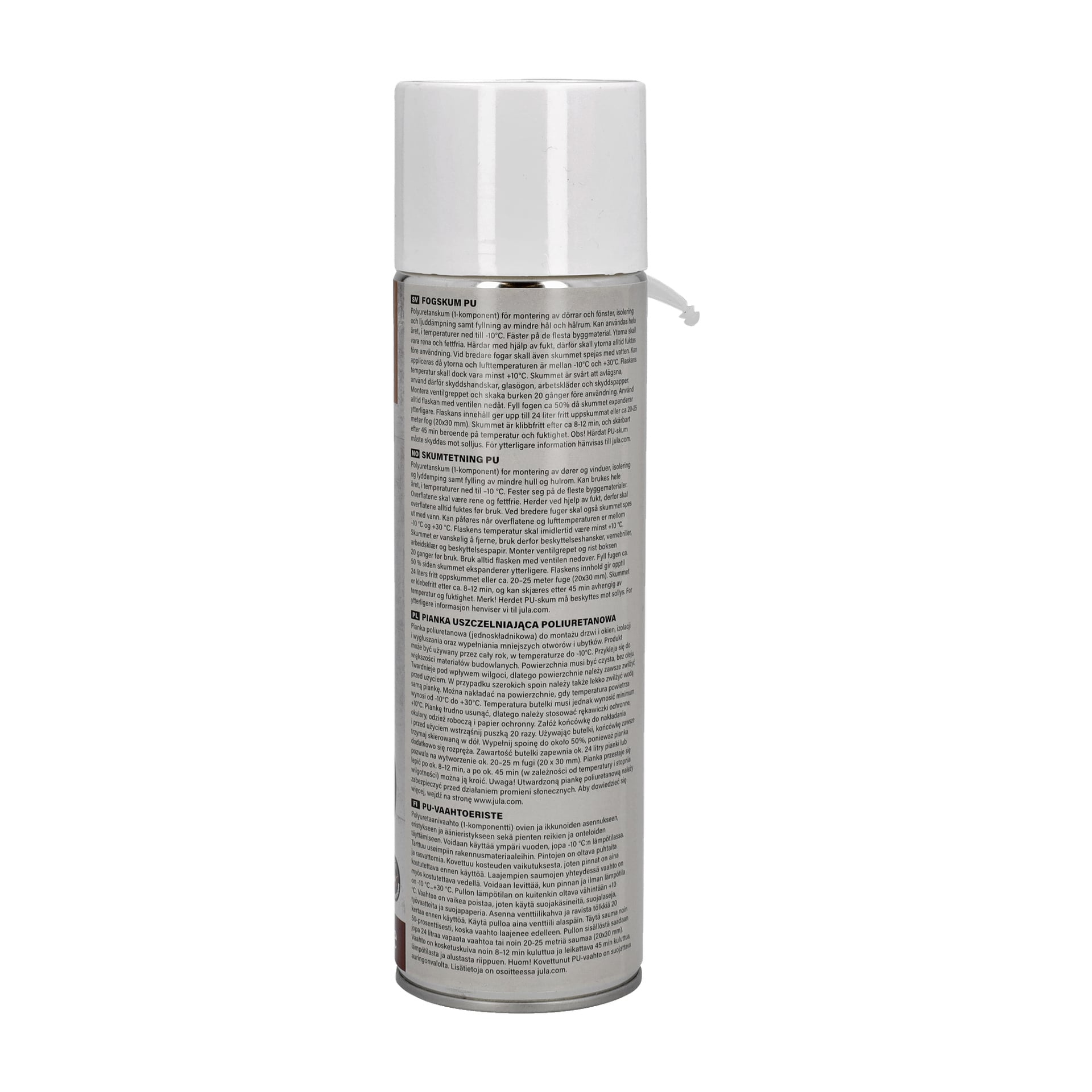 En hög, cylindrisk burk med Hard Head Jointing Foam PU med vit lock och detaljerade instruktioner på etiketten. Ett tunt vitt sugrör är fäst på sidan.