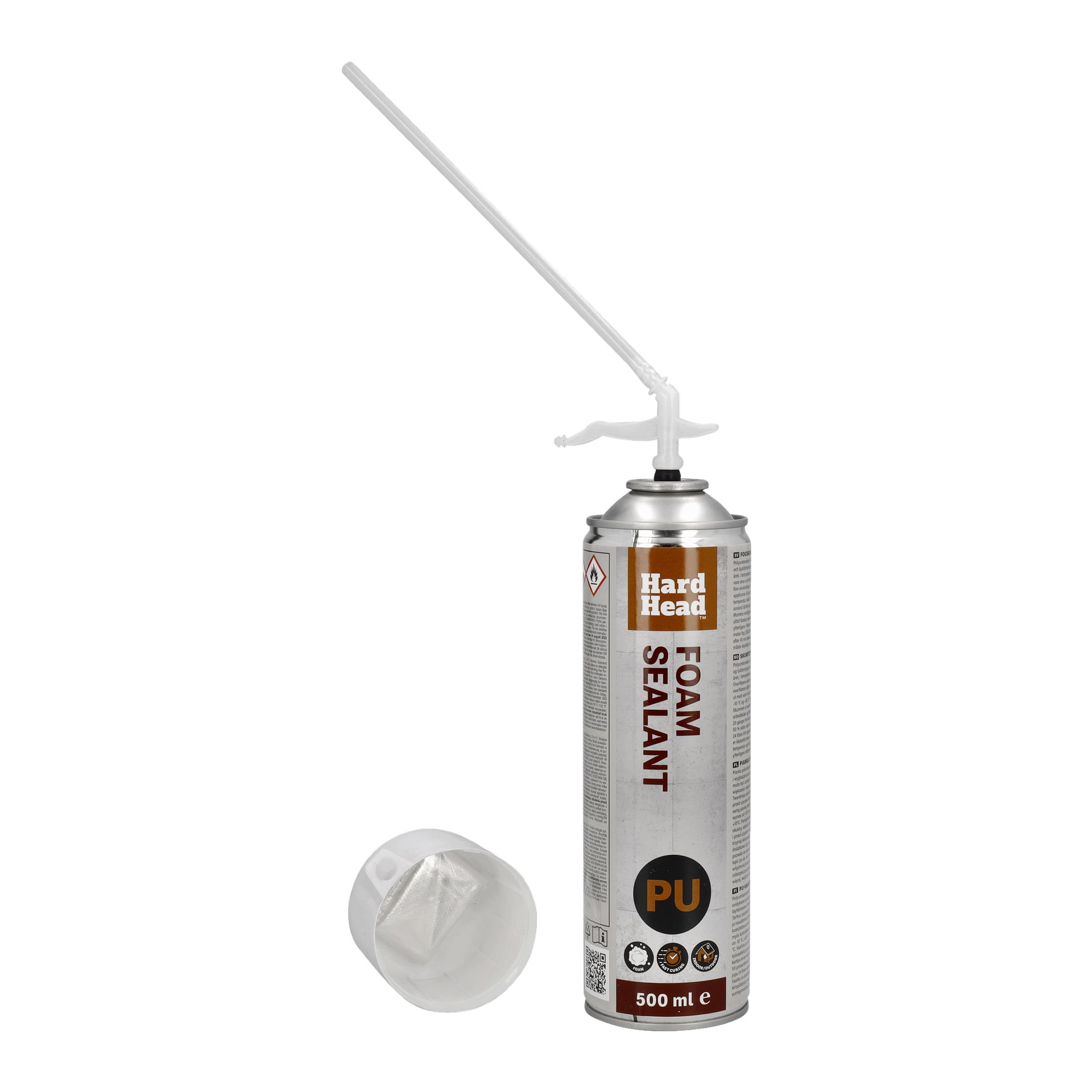 En 500 ml Hard Head Jointing skumburk med sitt plastapplikatormunstycke fäst, tillsammans med locket som ligger bredvid.