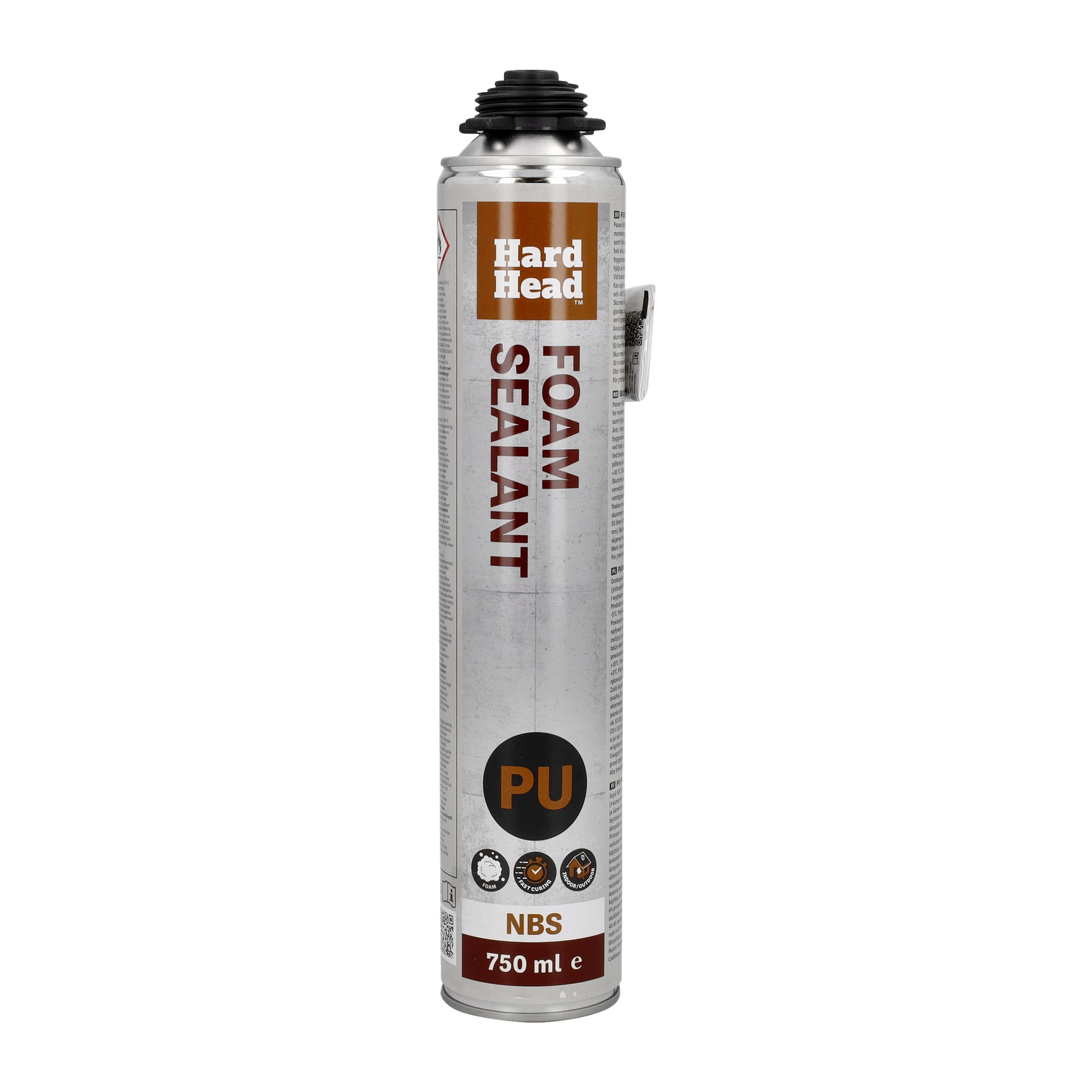 En cylindrisk, hög burk märkt Hard Head Jointing Foam PU rymmer 750 ml. Den är utrustad med ett munstycke upptill och har användningsanvisningar på ena sidan.