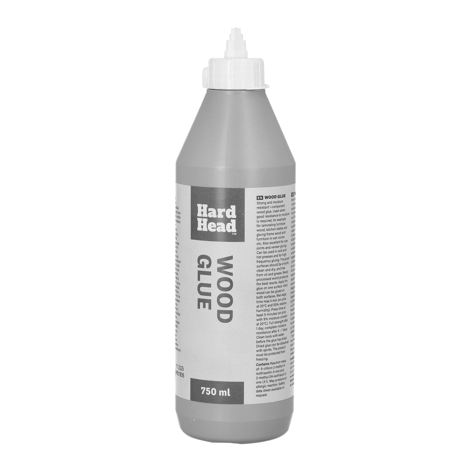 En 750 ml flaska Hard Head Wood Glue med grå kropp, vit lock och ett spetsigt munstycke för exakt applicering. Etiketten visar produktdetaljer och instruktioner.