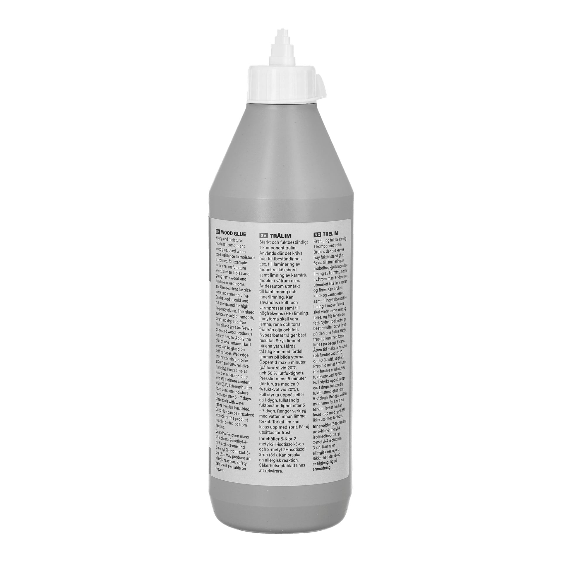 En grå plastflaska med vit twistlock, märkt som Hard Head Wood Glue, visar produktinformation och instruktioner.