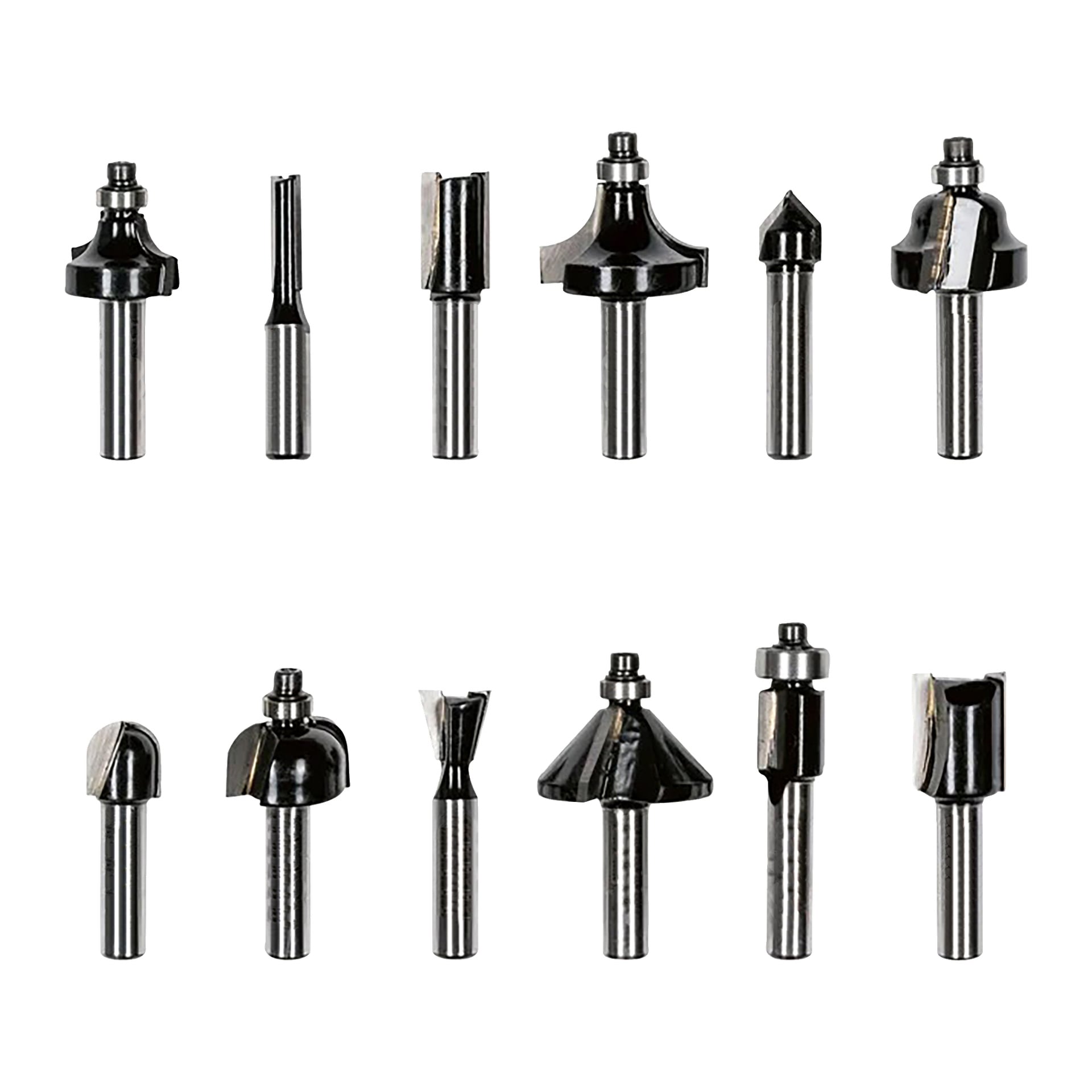 Tolv fräsbitar från Meec Tools 12-delade set är prydligt organiserade i två rader. Bitsen varierar i form och storlek, med en blandning av svartbelagda ytor och blanka synliga metallskärkanter.