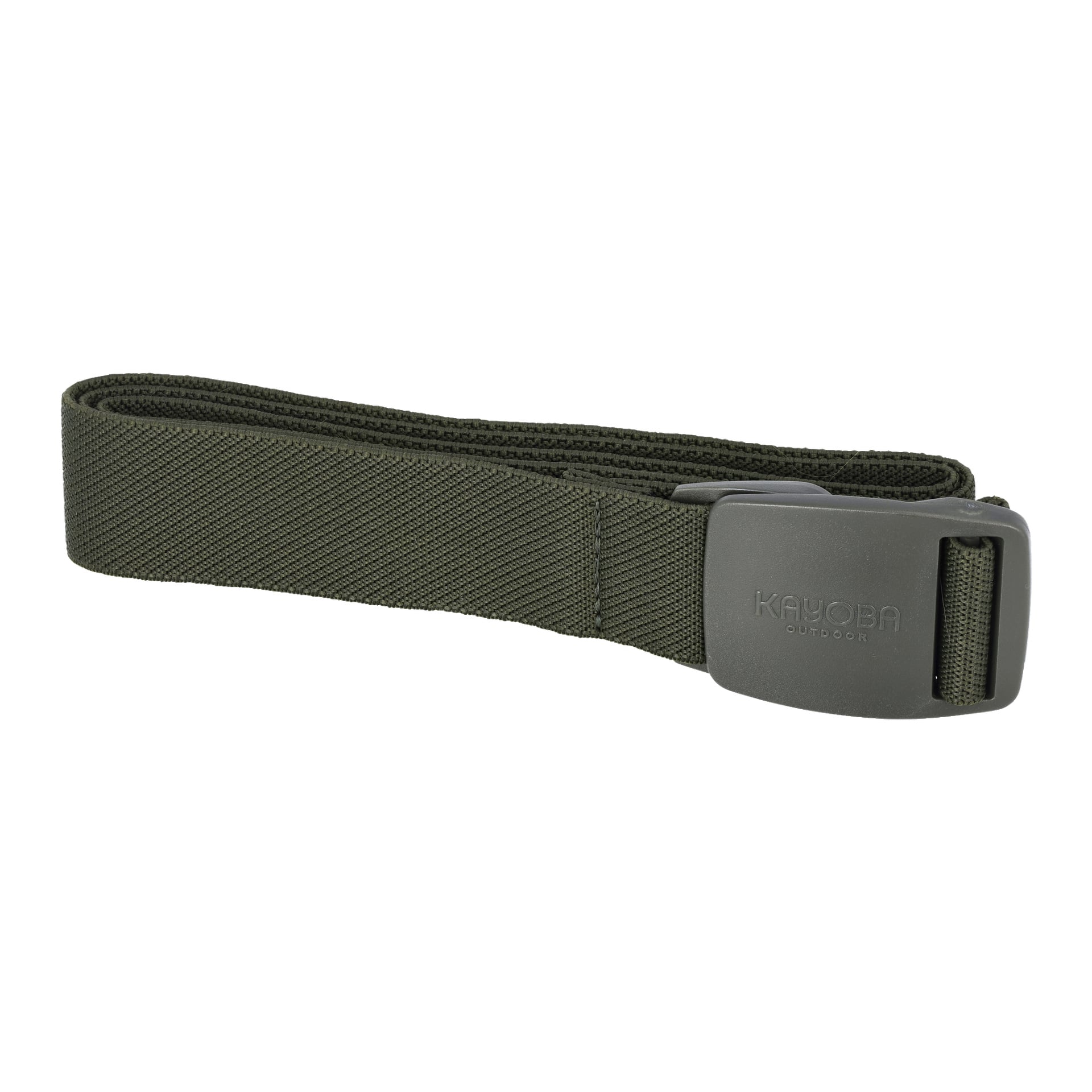 Ein grüner Stretchgürtel von Kayoba Outdoor, gefertigt aus gewebtem Nylon und mit einer Kunststoffschnalle mit dem Kayoba Outdoor-Logo, ist ordentlich aufgerollt.