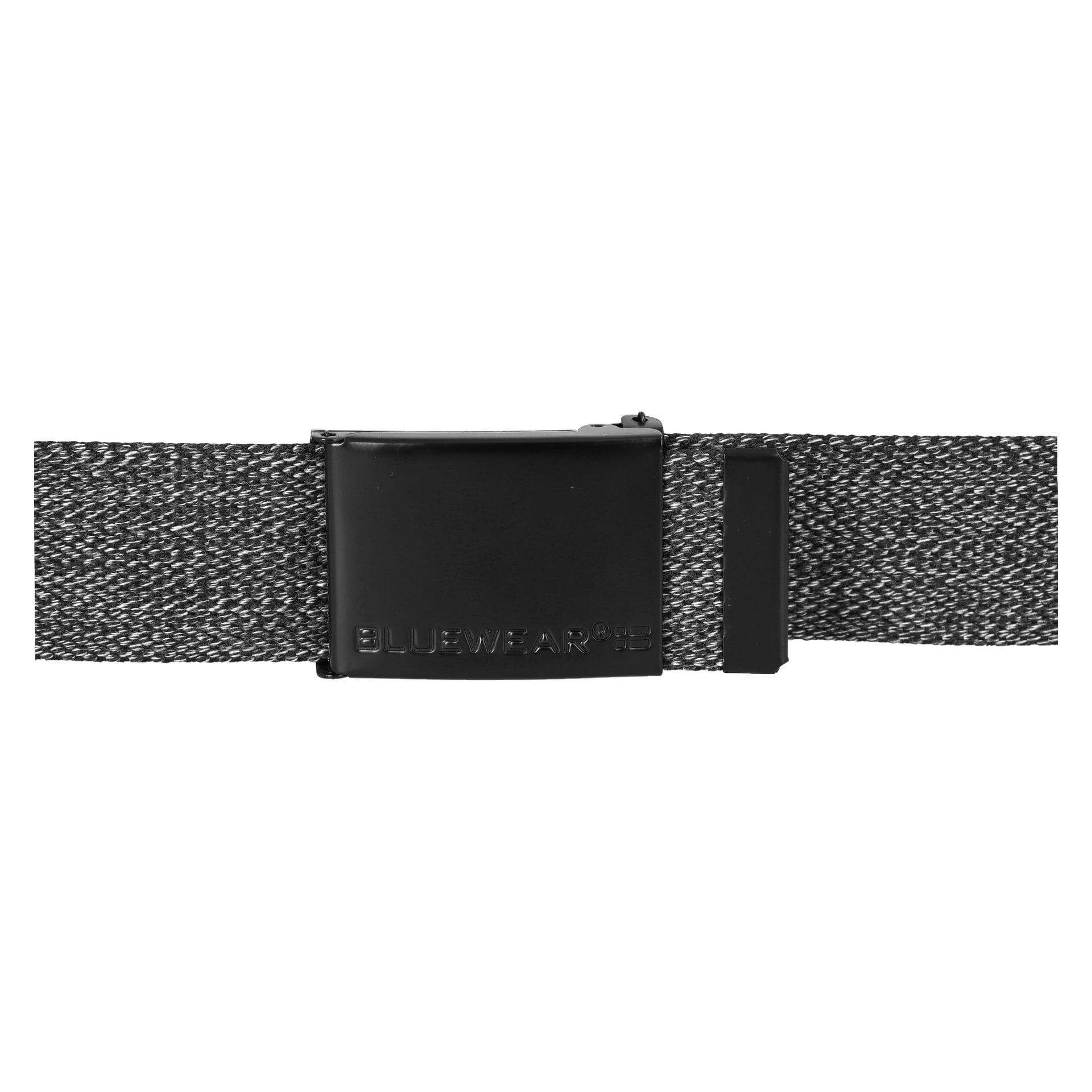 Eine Nahaufnahme des Gürtels von Bluewear, die einen grauen gewebten Riemen und eine schwarze rechteckige Metallschnalle mit dem Wort BLUEWEAR darauf zeigt.