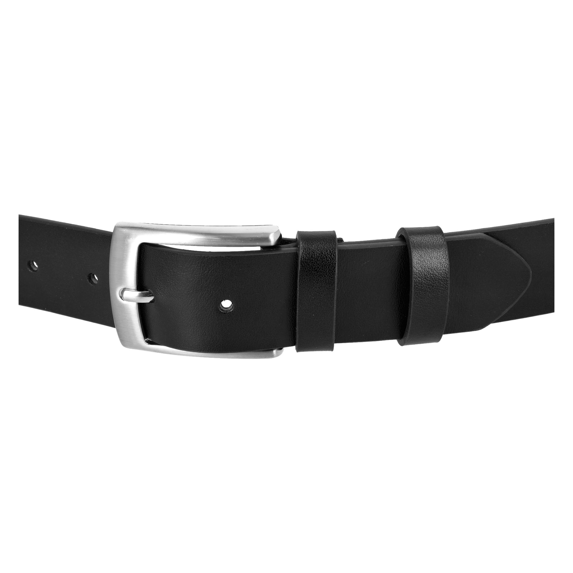 Eine Nahaufnahme des Kayoba Outdoor Belt zeigt sein schwarzes Ledermaterial, die silberne Schnalle, zwei Schlaufen und deutlich sichtbare Verstelllöcher.
