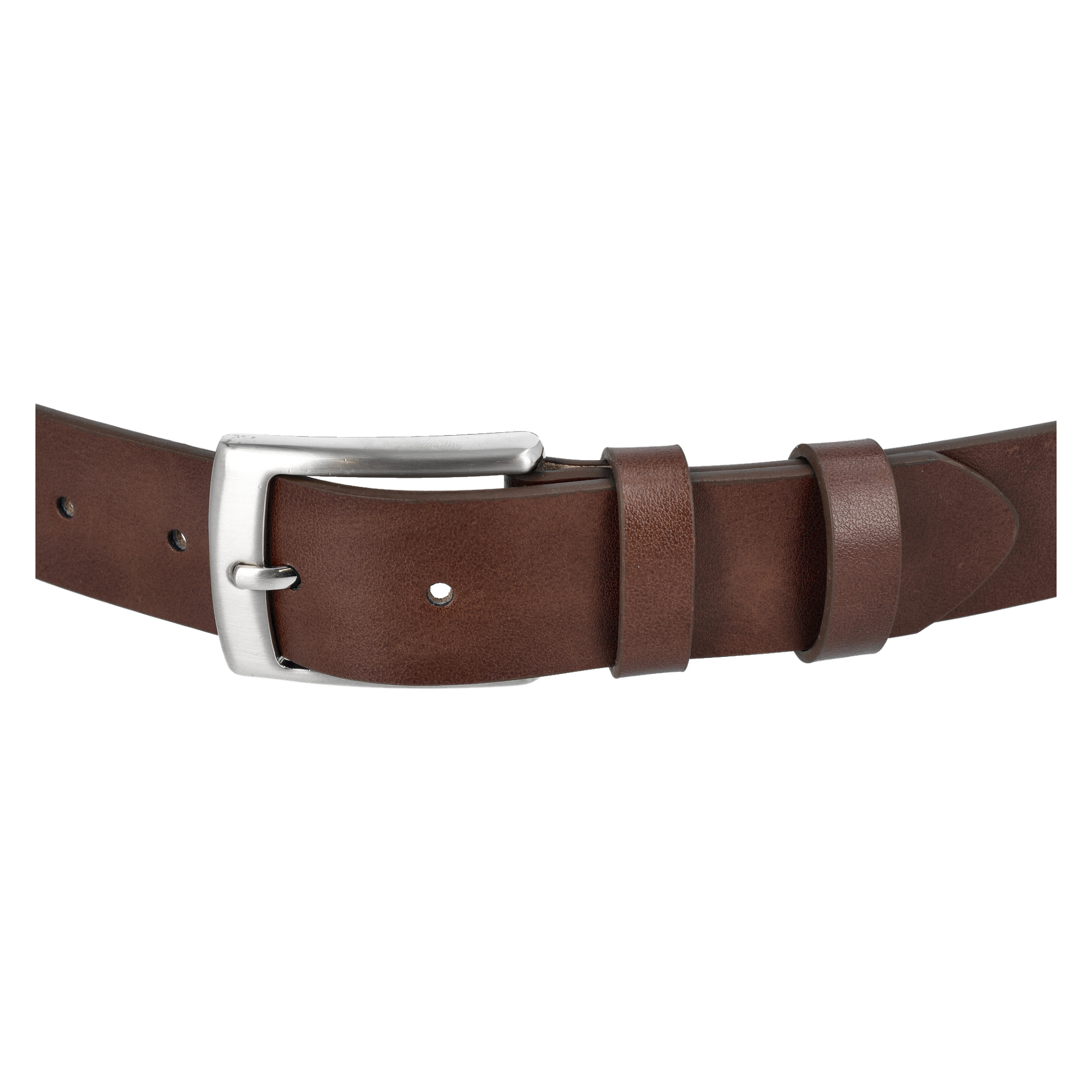 Eine detaillierte Nahaufnahme des Kayoba Outdoor Belt zeigt sein braunes Ledermaterial, die silberne Schnalle und zwei Schlaufen, was die feine Naht und die strukturierte Oberfläche betont.