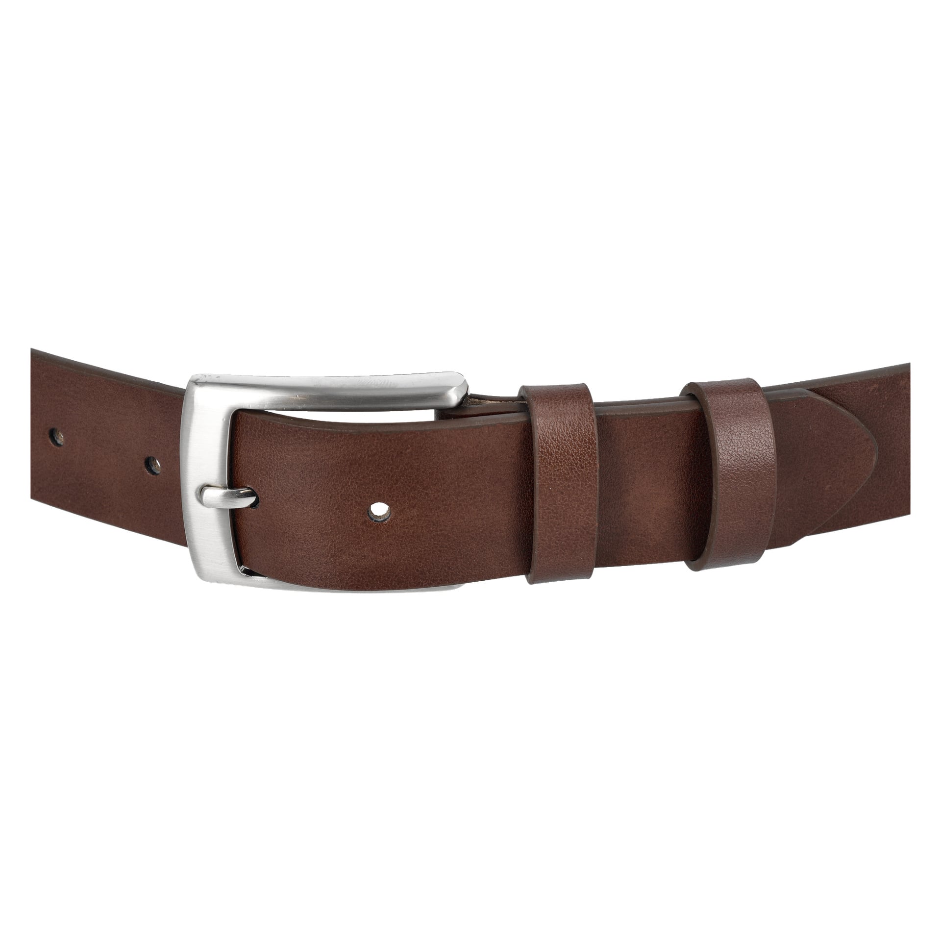 Nahaufnahme des Kayoba Outdoor Belts, der sein braunes Ledermaterial, die silberne Metallschnalle und zwei Gürtelschlaufen zeigt.
