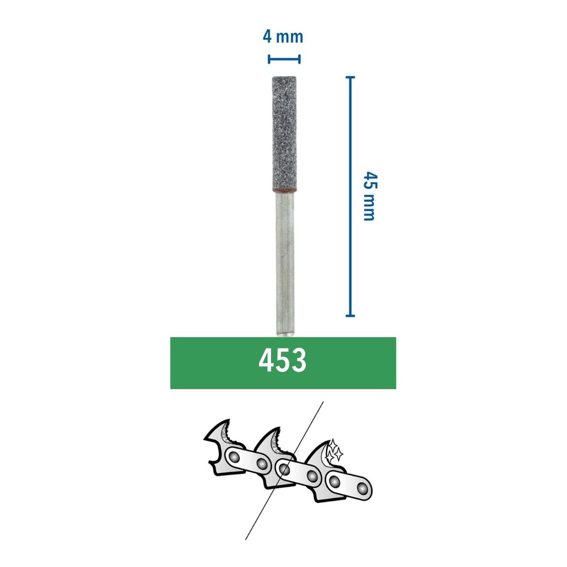 Ett trepack med Dremel-slipskivor för sågkedjor (modell 453), var och en med en cylindrisk sten som mäter 4 mm i diameter och 45 mm i längd, visas tillsammans med en diagram som visar hur skivorna används för att slipa kedjetänder på motorsågar.