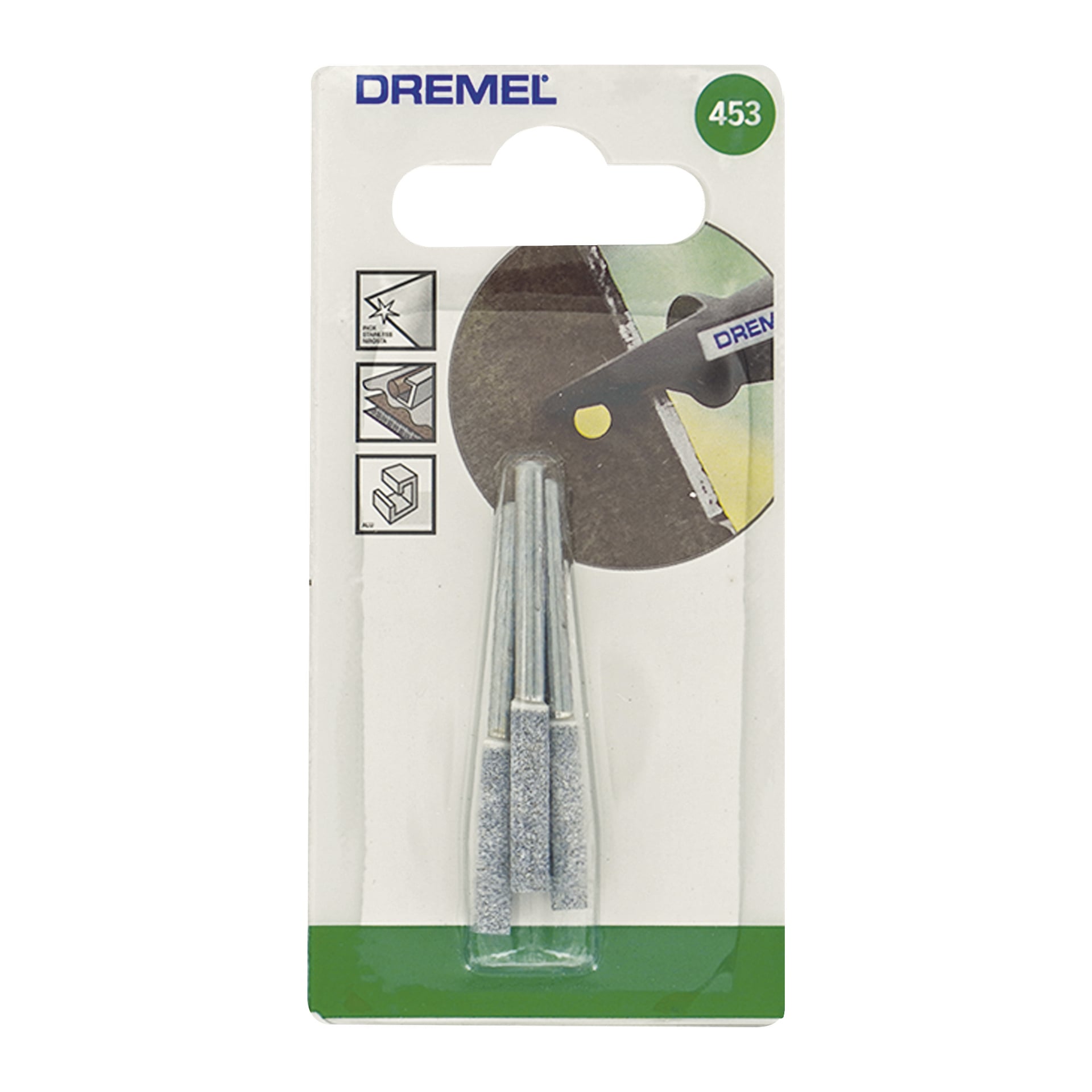 Set med tre Dremel-slipskivor för sågkedjor, prydligt arrangerade i ett transparent plastblåspaket med tydlig Dremel-märkning och illustrerade instruktioner på framsidan.
